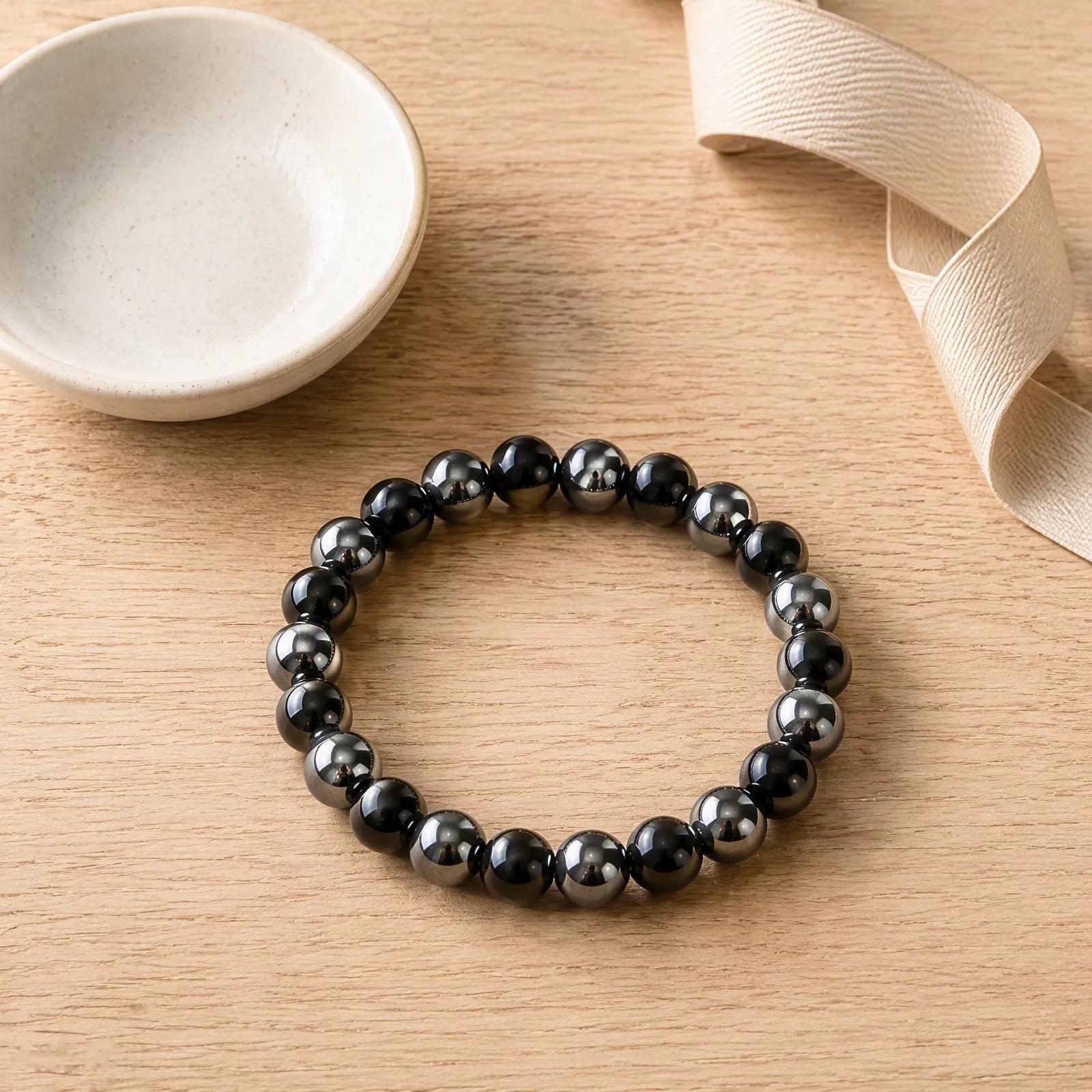 Obsidian & Hematite Beaded Bracelet — Handmade view 2