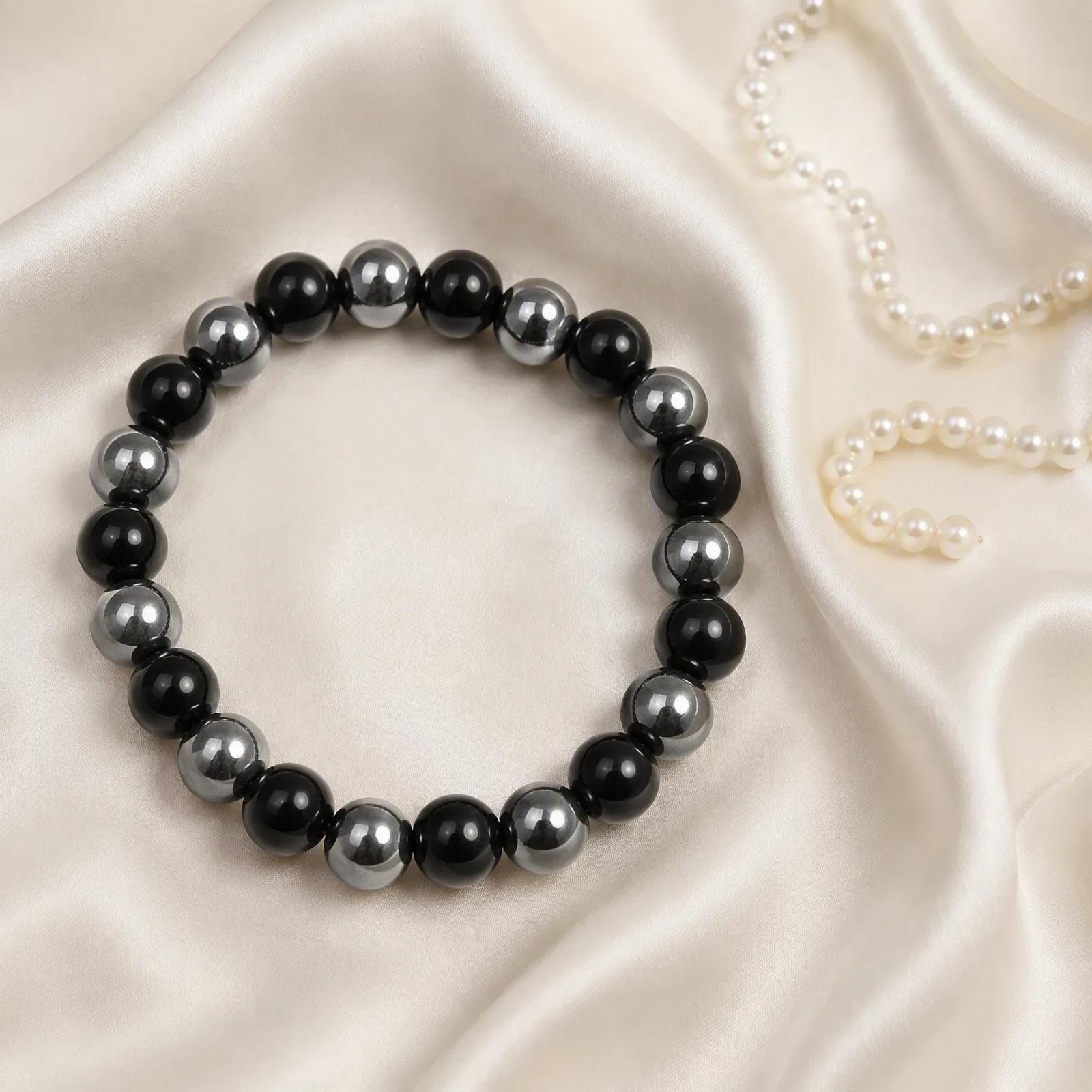 Obsidian & Hematite Beaded Bracelet — Handmade view 3