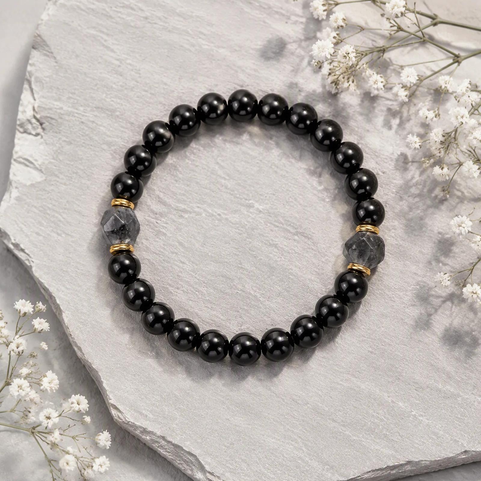 Obsidian Beaded Bracelet — Unisex Stretch view 2
