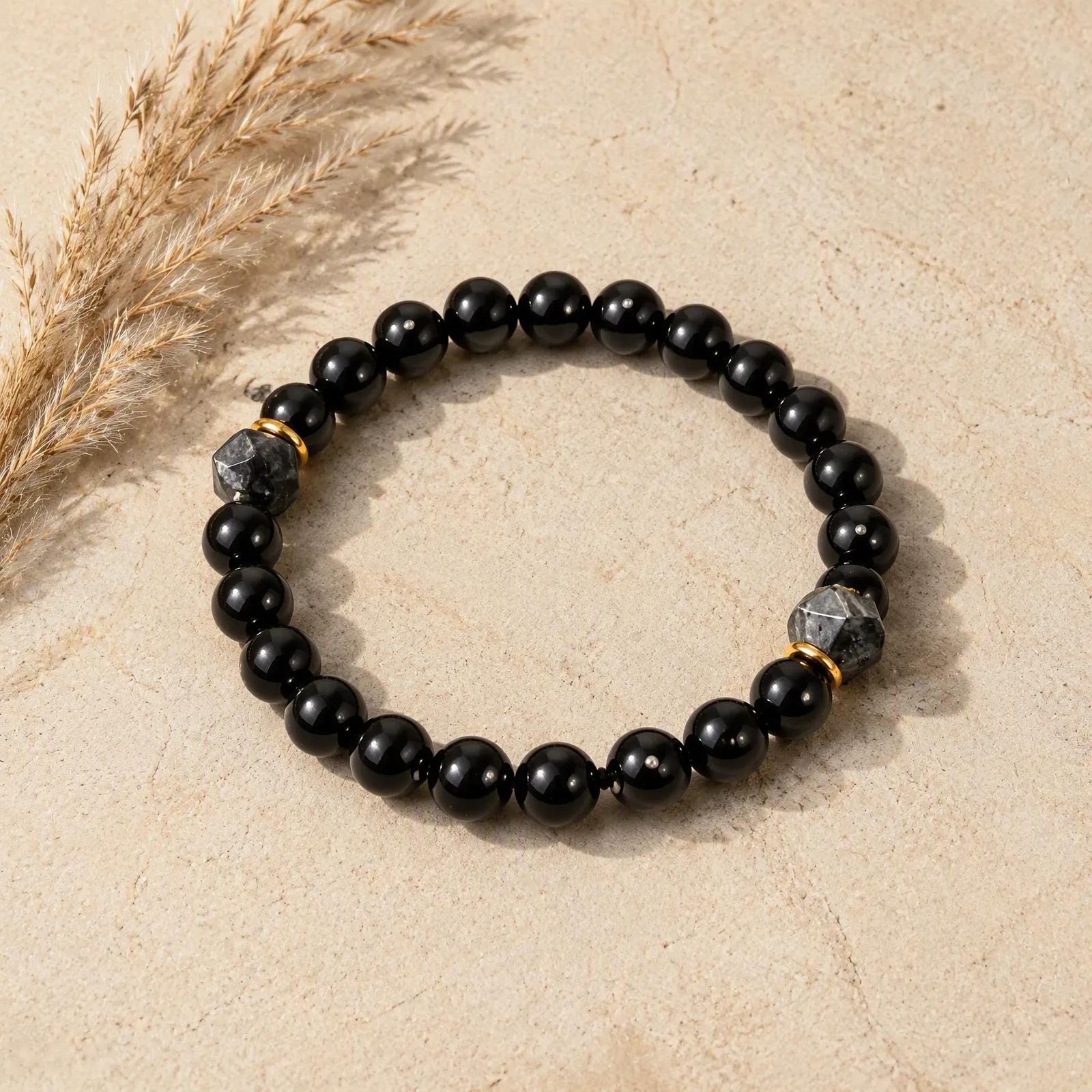 Obsidian Beaded Bracelet — Unisex Stretch view 3