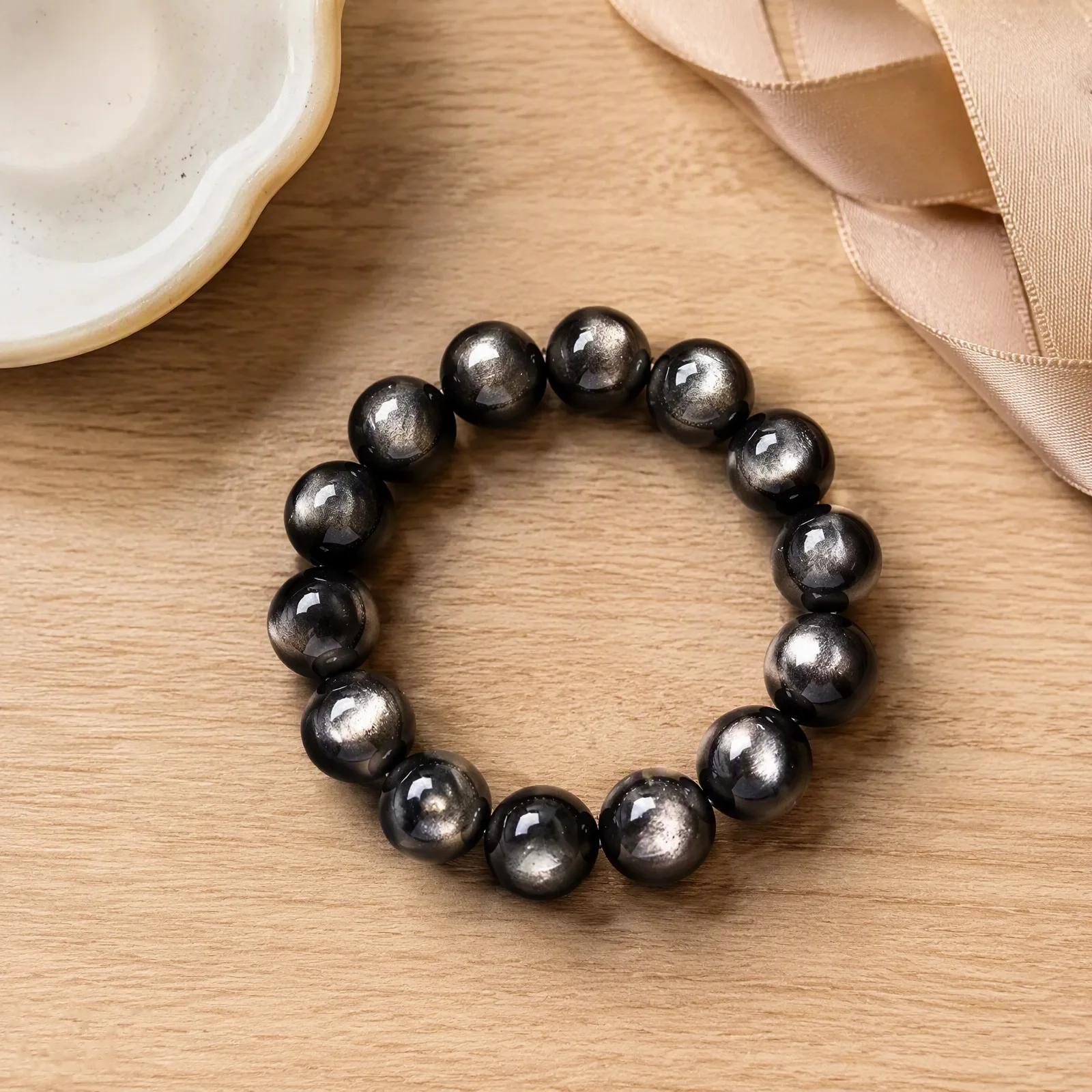 Silver Sheen Obsidian & Cat's Eye Beaded Bracelet — Unisex Couples' view 1