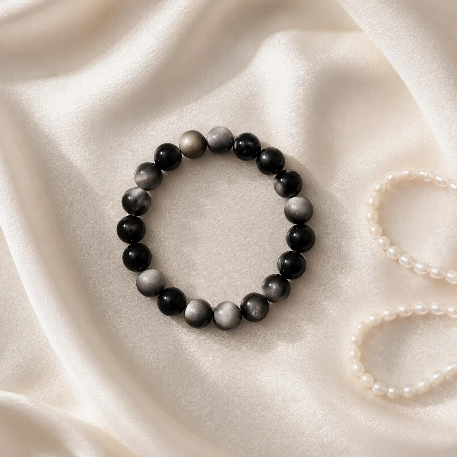 Silver Sheen Obsidian & Cat's Eye Beaded Bracelet — Unisex Couples' view 2