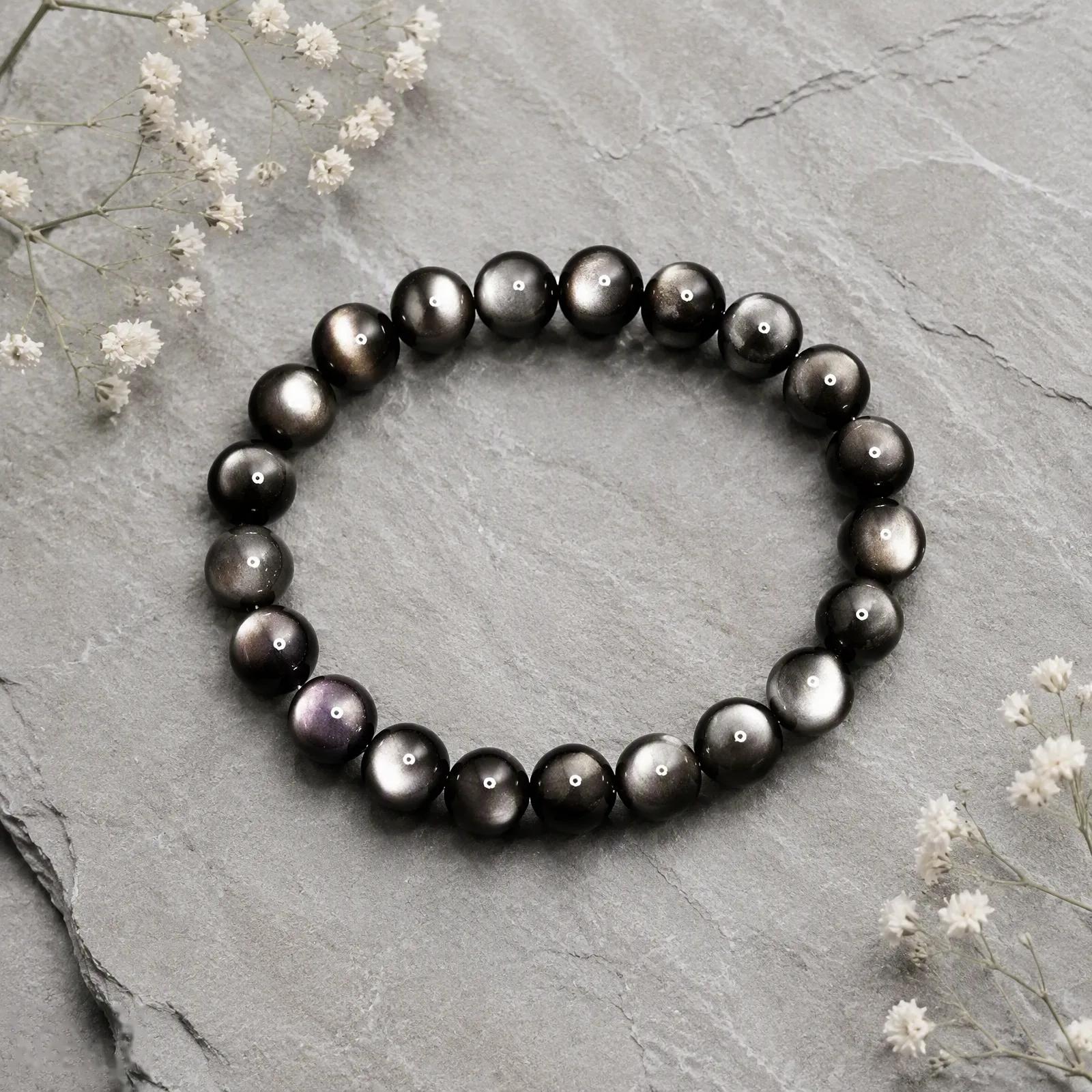 Silver Sheen Obsidian & Cat's Eye Beaded Bracelet — Unisex Couples' view 3