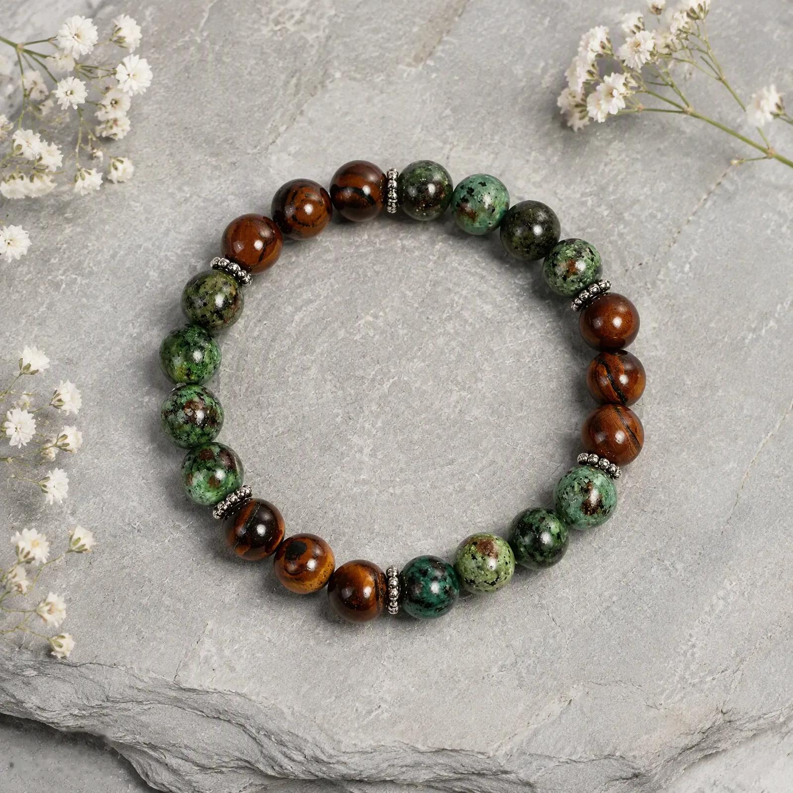 Tiger Eye & Turquoise Beaded Bracelet — Stretch view 1