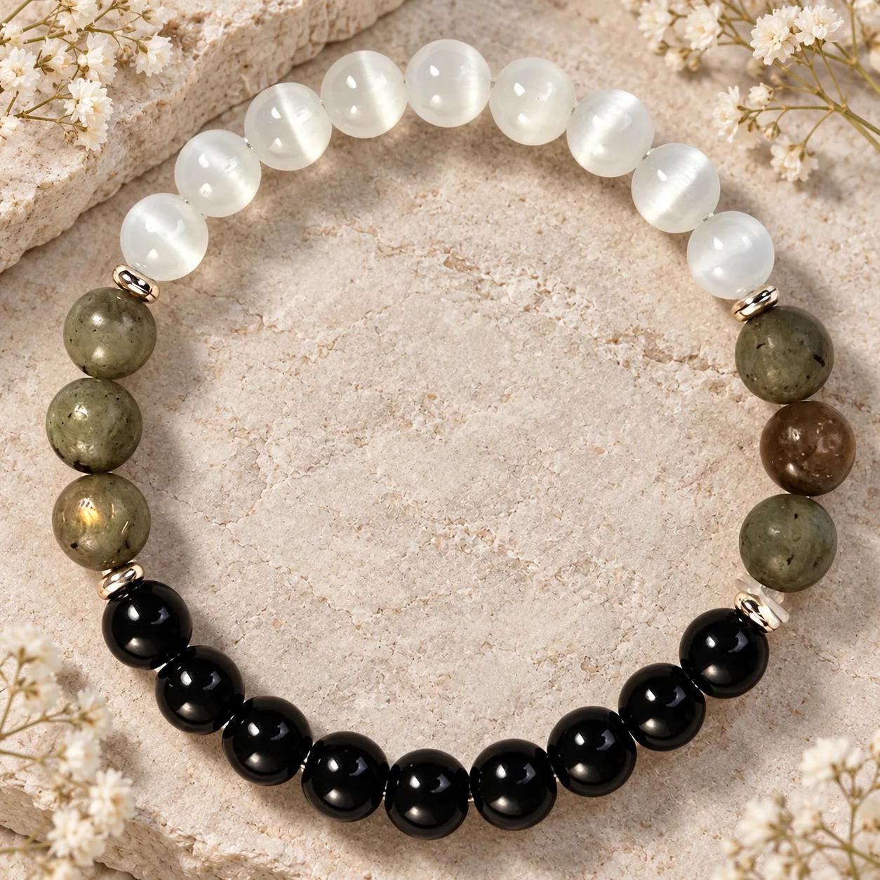 Obsidian & Cat's Eye Stone & White Flash Stone Beaded Bracelet — genuine Obsidian, Cat's Eye Stone, White Flash Stone crystals, Imported origin