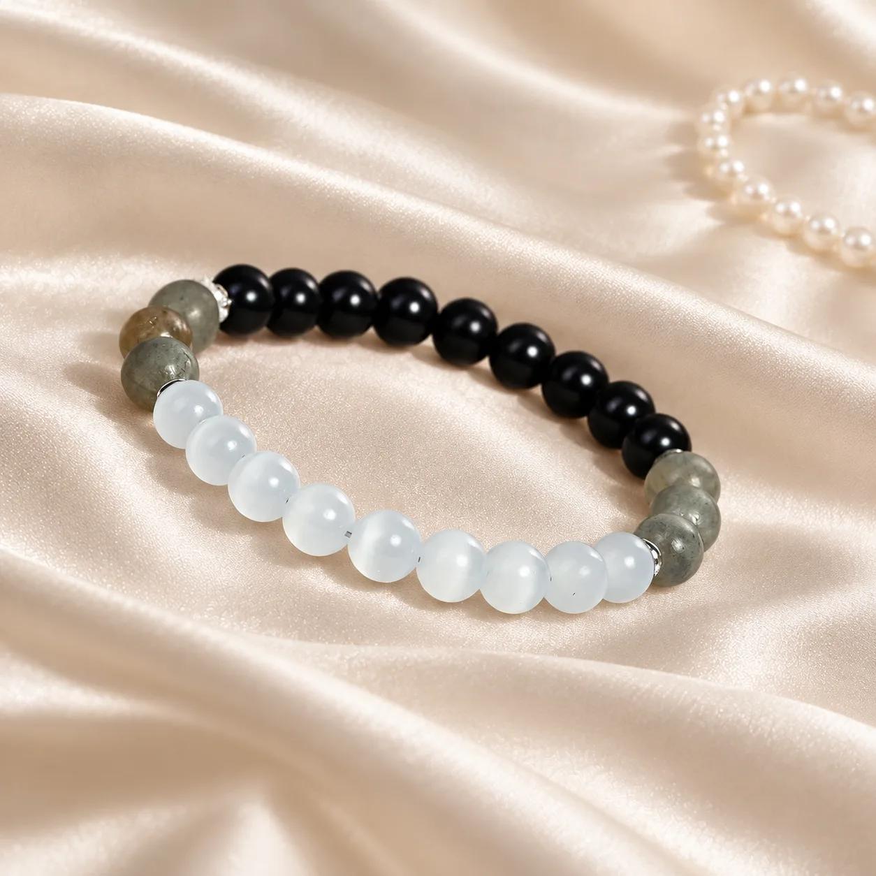 Obsidian & Cat's Eye Stone & White Flash Stone Beaded Bracelet view 2