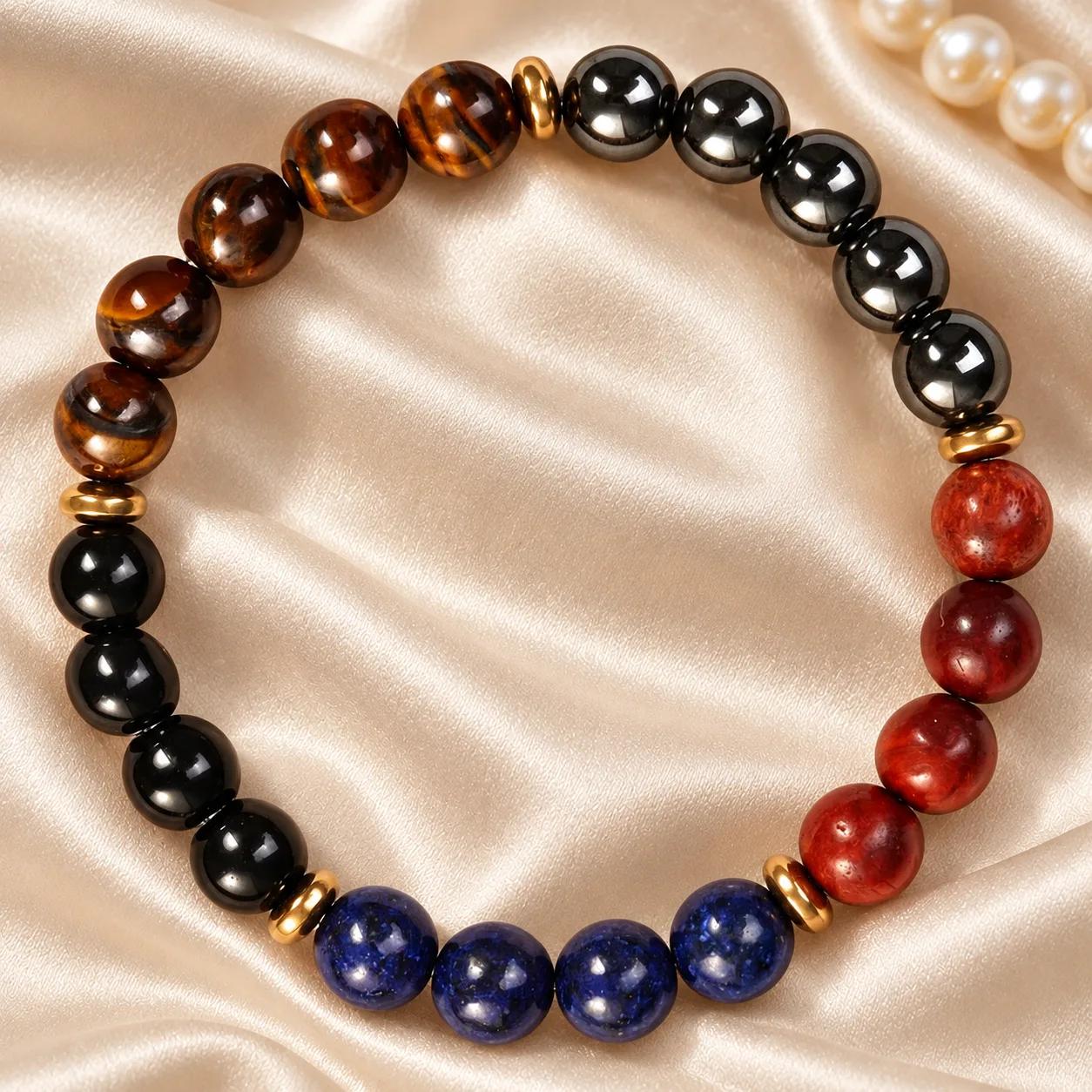 Tiger Eye & Lapis Lazuli & Hematite Beaded Bracelet — Protection Strength — genuine Tiger Eye, Lapis Lazuli, Hematite crystals, Imported origin