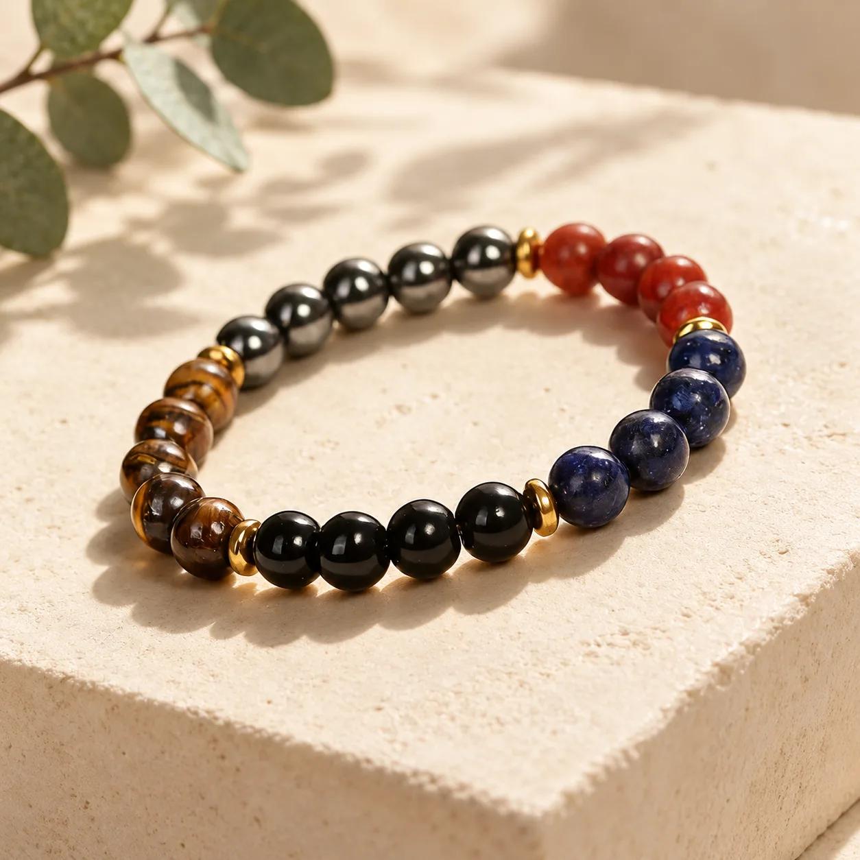 Tiger Eye & Lapis Lazuli & Hematite Beaded Bracelet — Protection Strength view 2