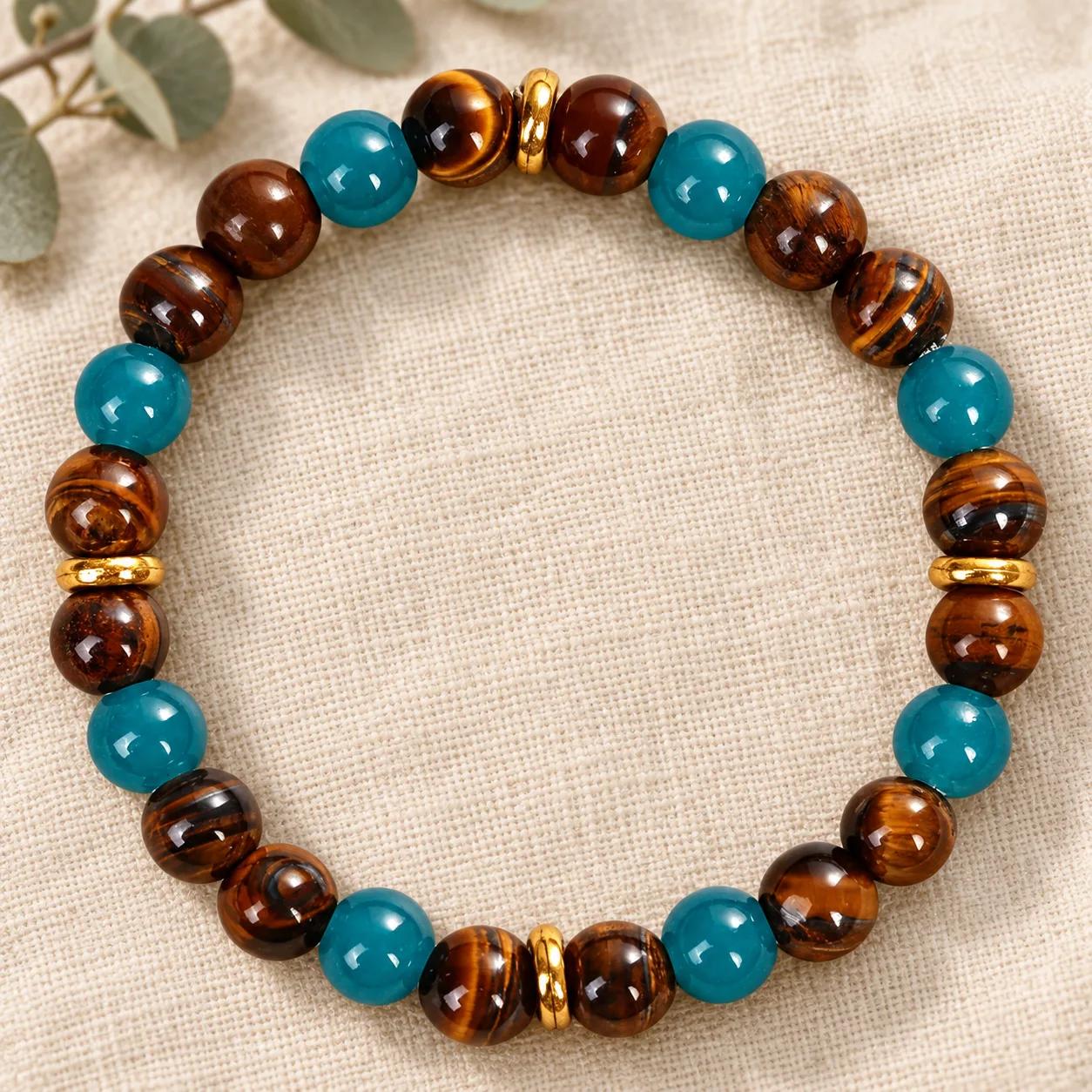 Tiger Eye & Blue Dragon Scale Stone Beaded Bracelet — Strength — genuine Tiger Eye, Blue Dragon Scale Stone crystals, Imported origin