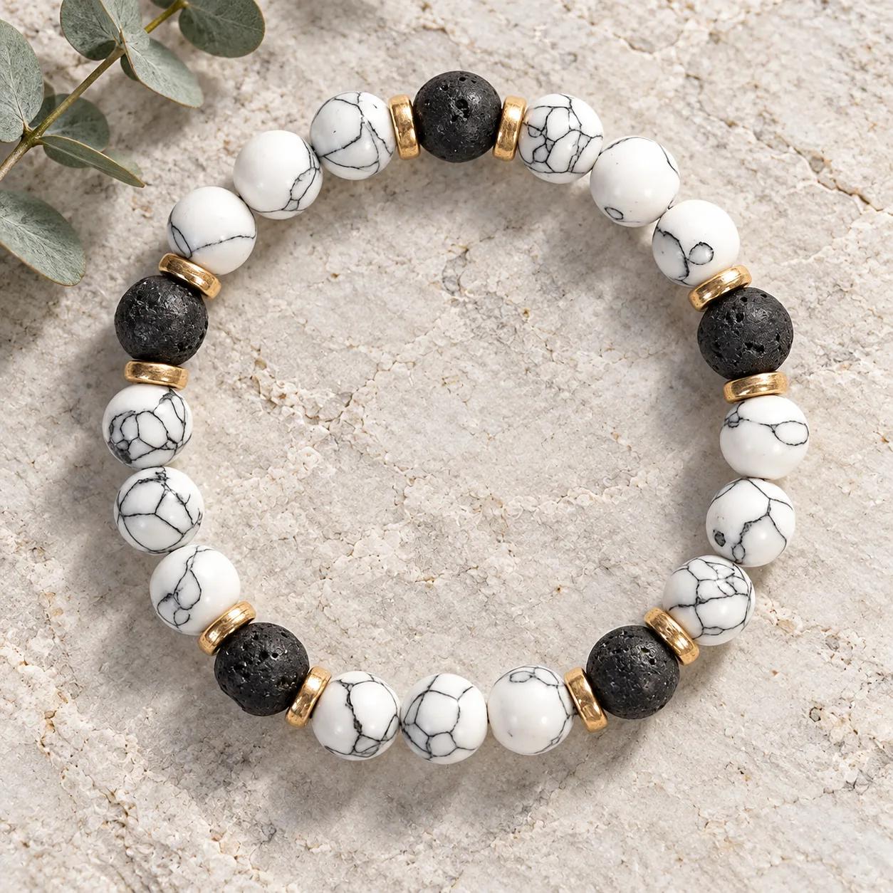 White Turquoise & Lava Stone Beaded Bracelet — Unisex Handmade — genuine White Turquoise, Lava Stone crystals, Imported origin