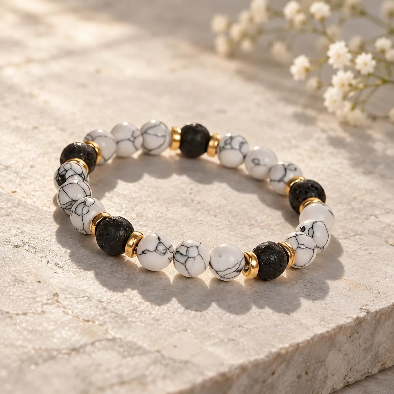 White Turquoise & Lava Stone Beaded Bracelet — Unisex Handmade view 2
