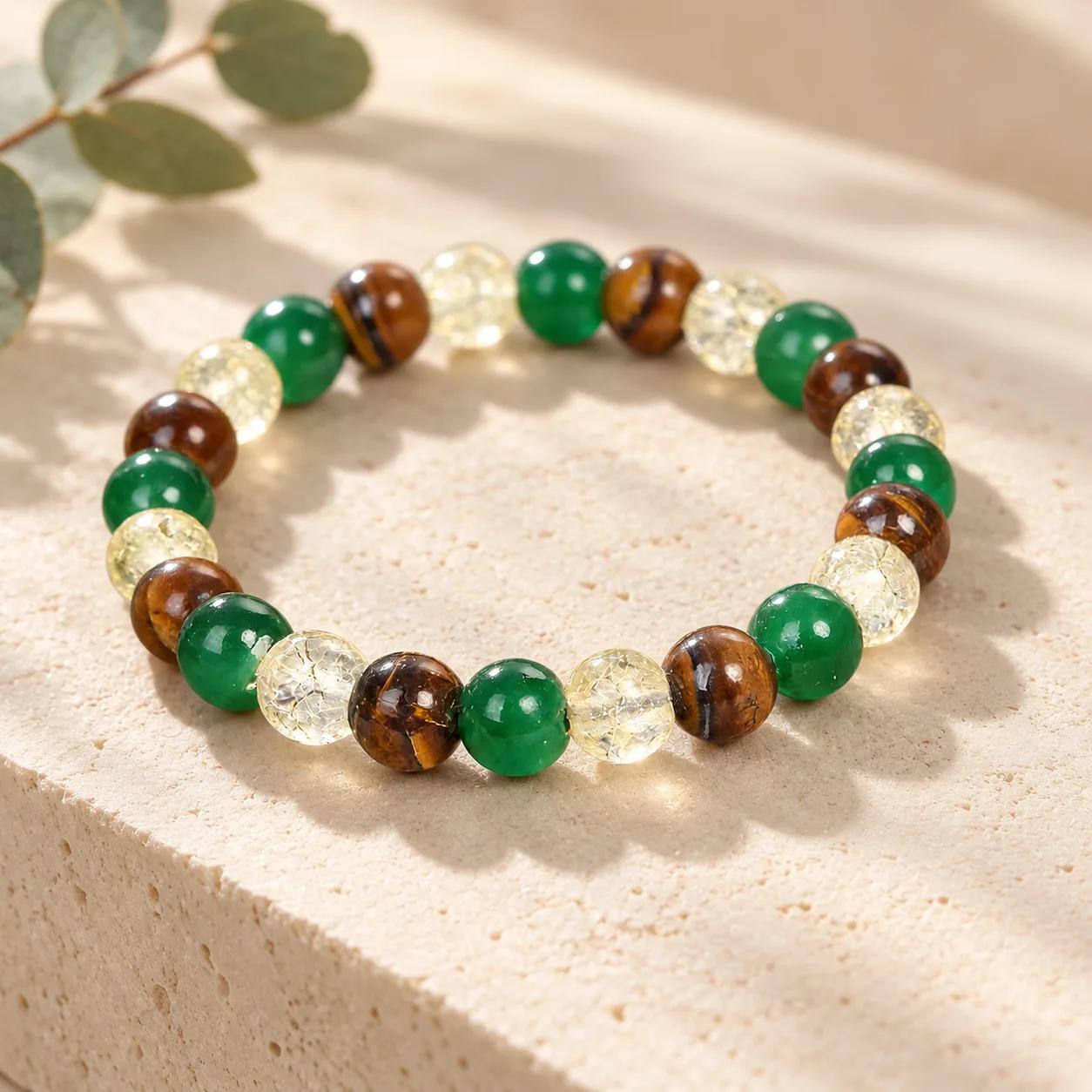 Tiger Eye & Clear Quartz & Green Aventurine Beaded Bracelet view 2
