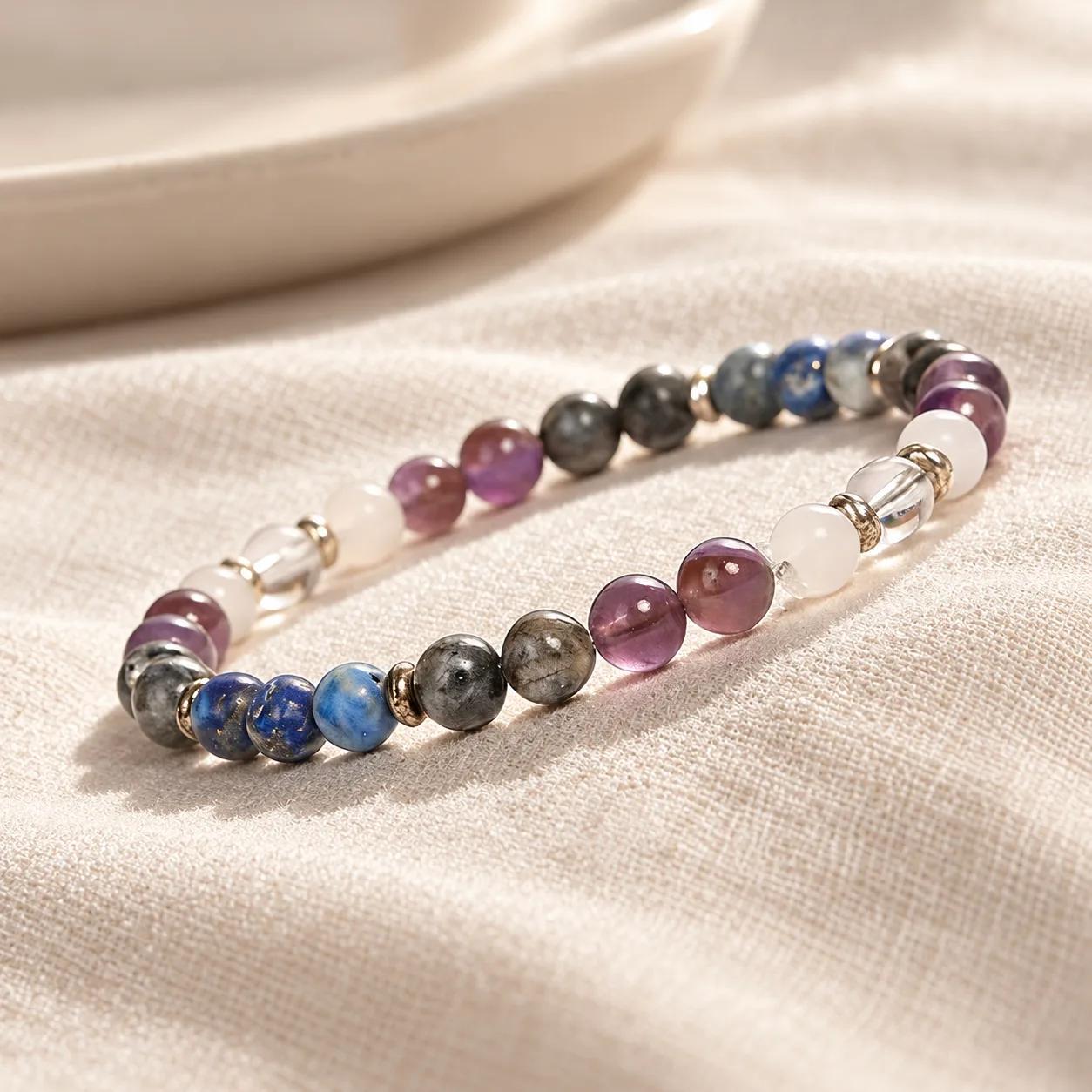 Amethyst & Clear Quartz & Lapis Lazuli Beaded Bracelet — Handmade view 2