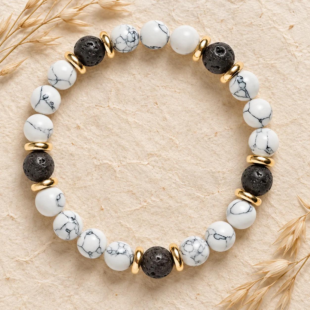White Turquoise & Lava Stone Beaded Bracelet — Unisex view 1