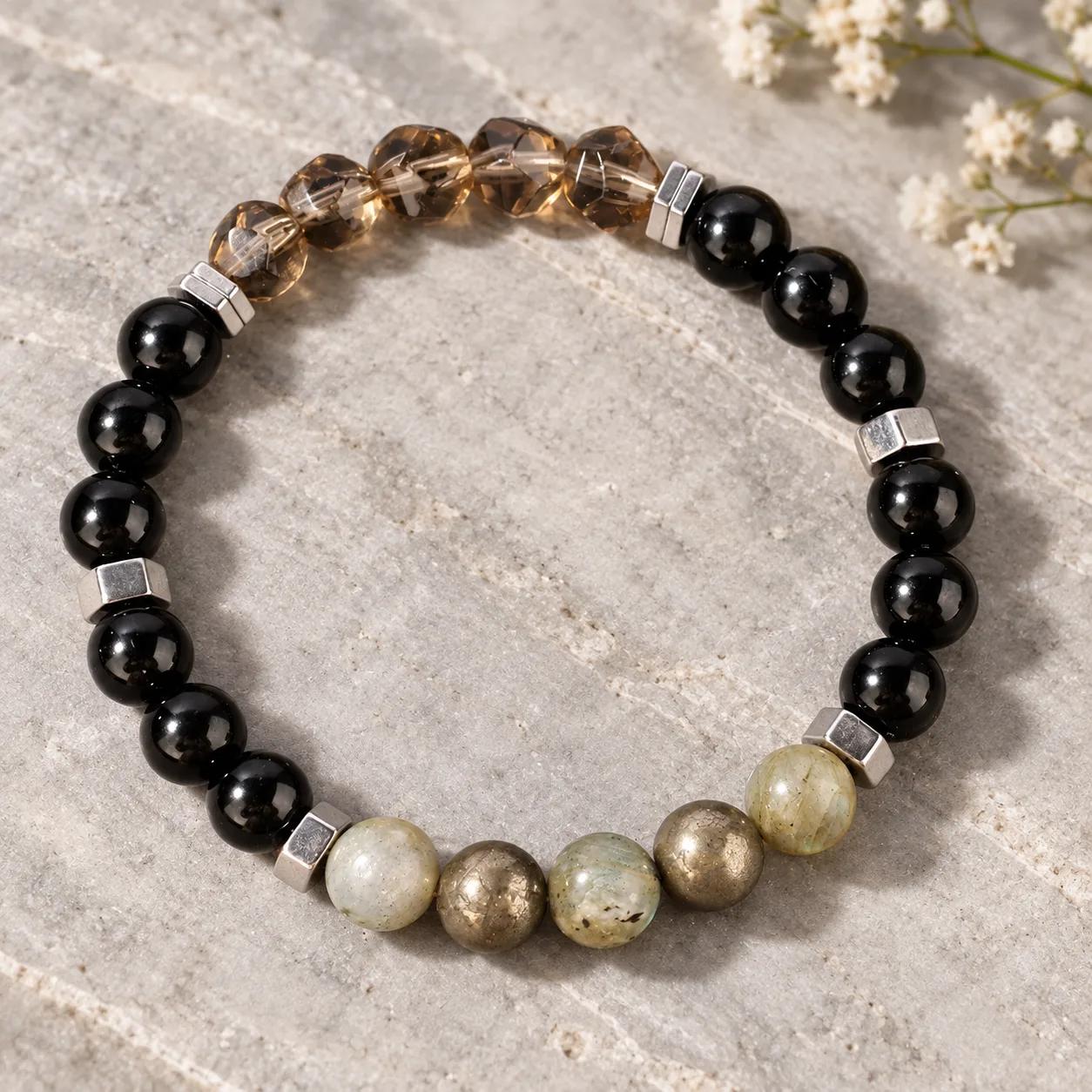 Smoky Quartz & Pyrite Beaded Bracelet — Athletic view 2