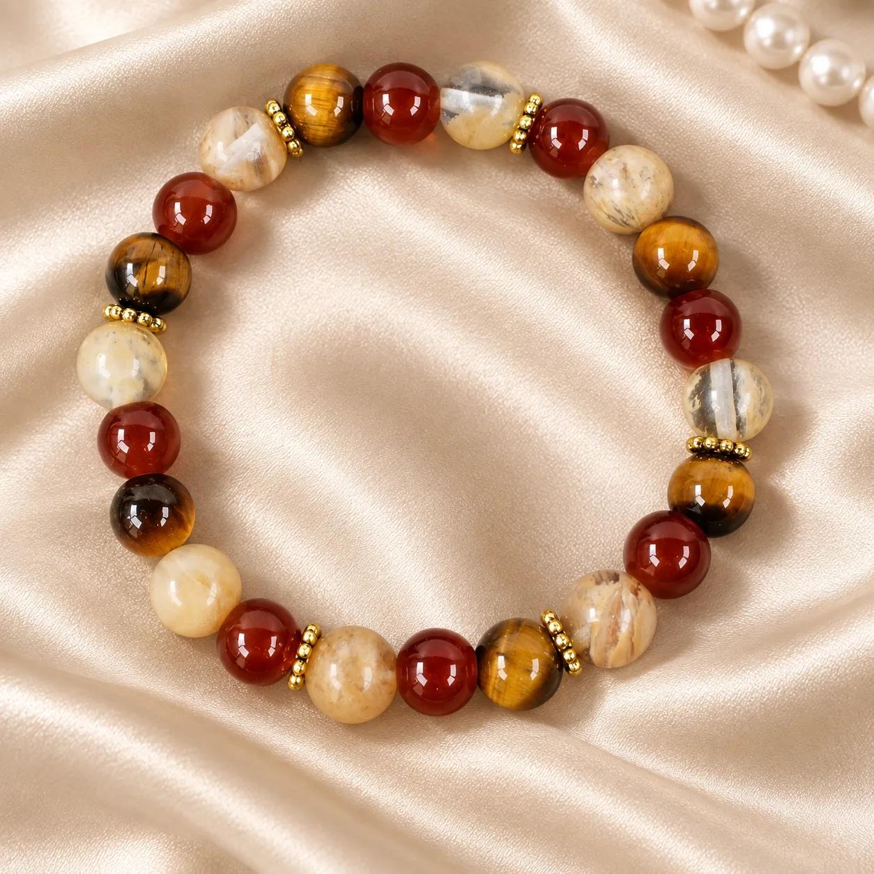Tiger Eye & Citrine Beaded Bracelet — Maillard Tone — genuine Tiger Eye, Citrine crystals, Imported origin