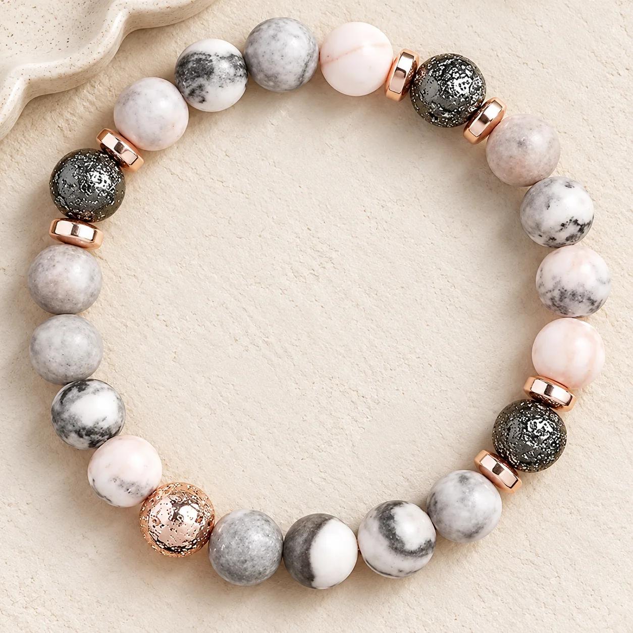 Pink Zebra Stone Beaded Bracelet view 1