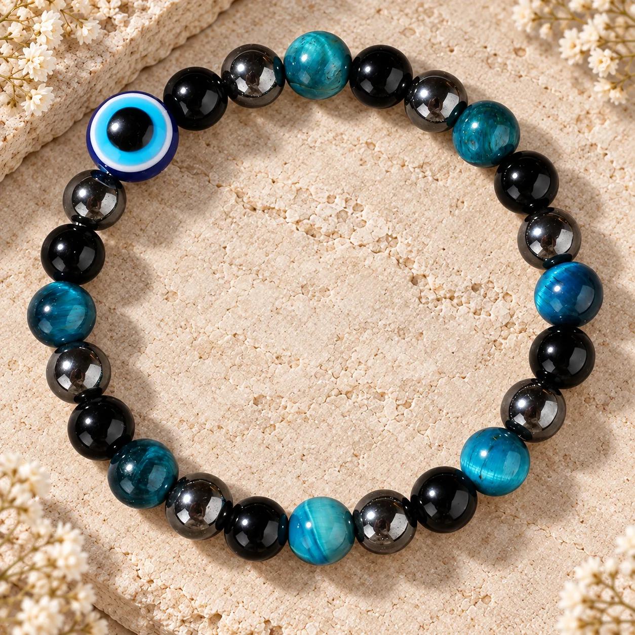 Evil Eye & Tiger Eye & Blue Tiger Eye Beaded Bracelet — Vintage view 1