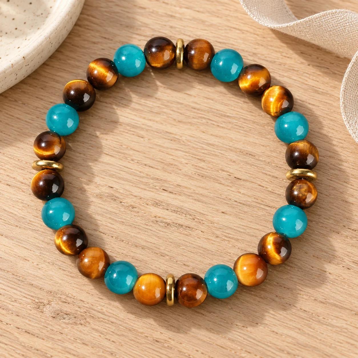 Tiger Eye & Aquamarine Beaded Bracelet — Vintage Protection view 1