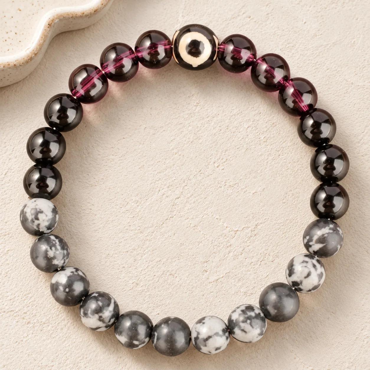 Evil Eye & Snowflake Obsidian Beaded Bracelet — Unisex Punk — genuine Evil Eye, Snowflake Obsidian crystals, Imported origin