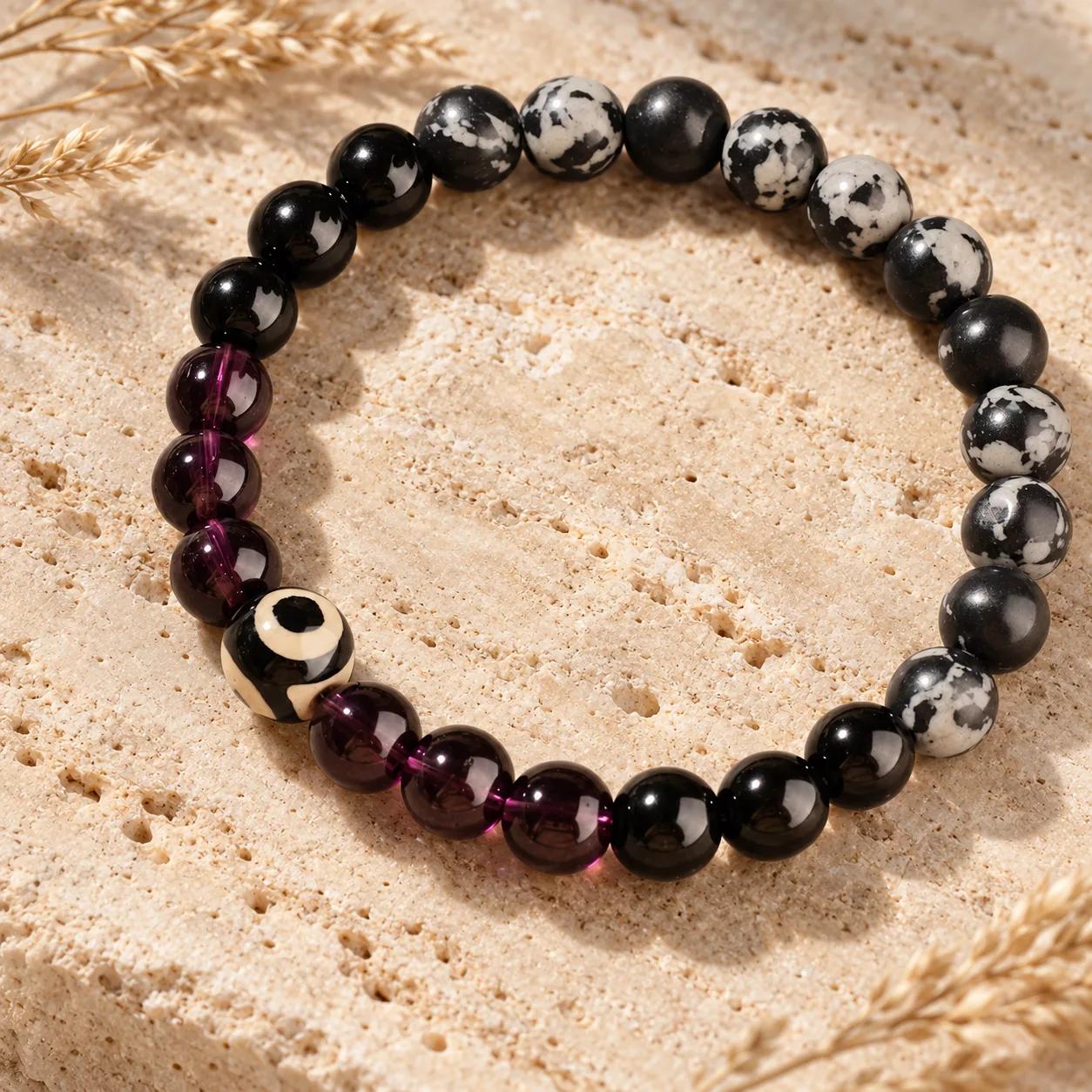 Evil Eye & Snowflake Obsidian Beaded Bracelet — Unisex Punk view 2