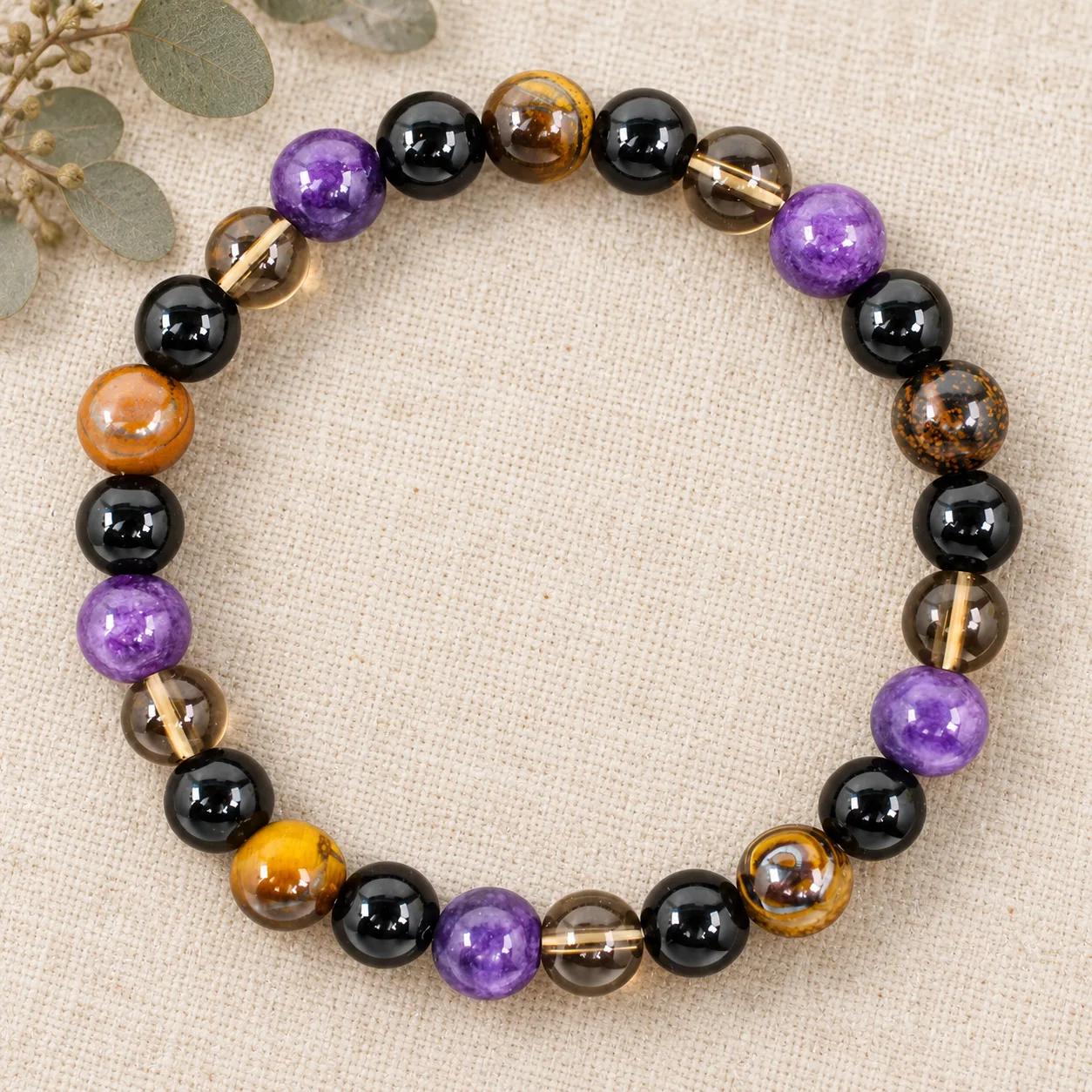 Tiger Eye & Amethyst Beaded Bracelet — Vintage — genuine Tiger Eye, Amethyst crystals, Imported origin