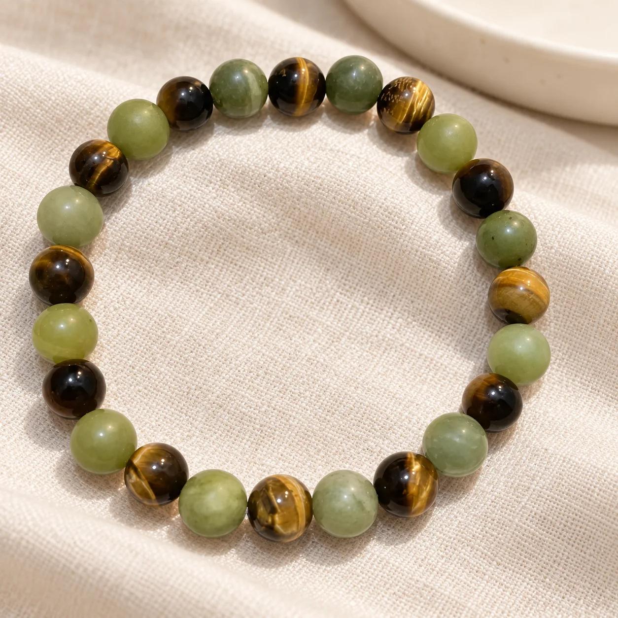 Tiger Eye & Green Jade Beaded Bracelet — Two-Tone view 2