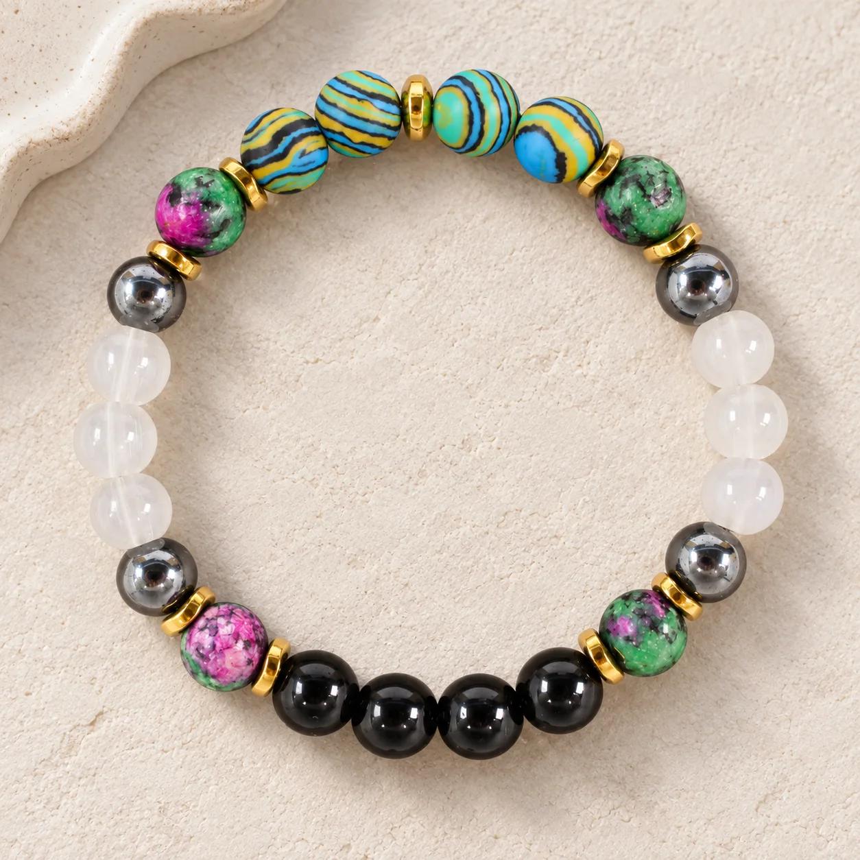 Malachite & Ruby Zoisite Beaded Bracelet — Two-Tone — genuine Malachite, Ruby Zoisite crystals, Imported origin