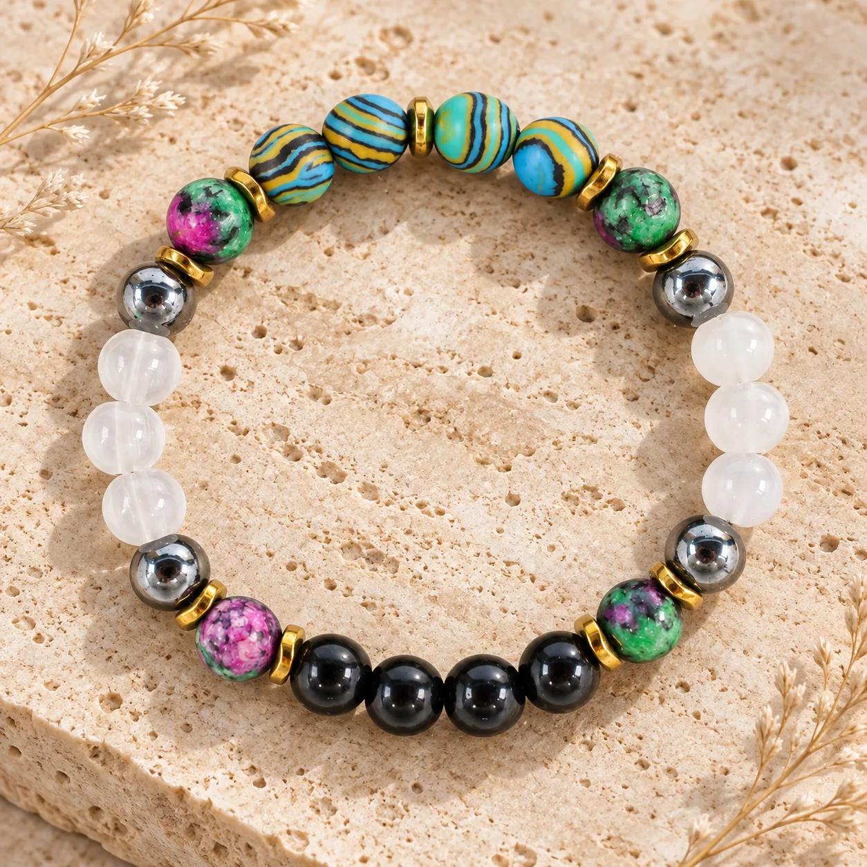Malachite & Ruby Zoisite Beaded Bracelet — Two-Tone view 2