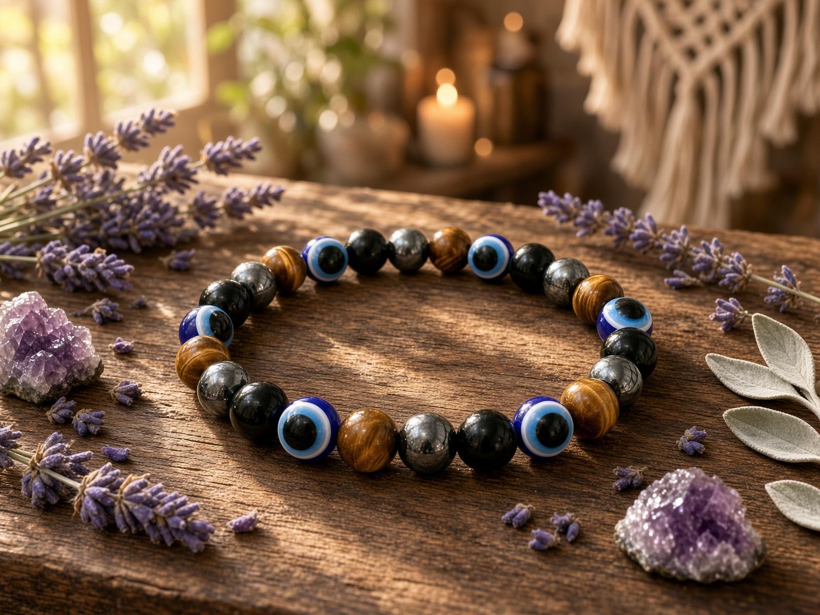 Evil Eye Bracelet With Triple Protection Crystal Beads - Black Obsidian, Gold Tiger Eye & view 1