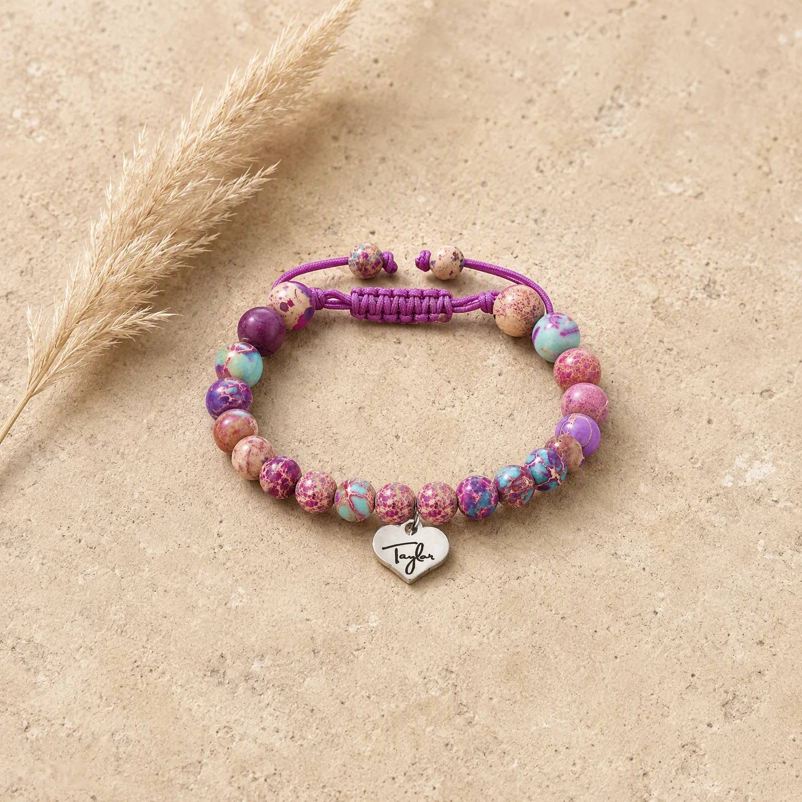 Emperor Stone & Green Aventurine & Pink Zebra Stone Beaded Bracelet — Braided Heart Charm — Emperor Stone, Green Aventurine, Pink Zebra Stone bracelets