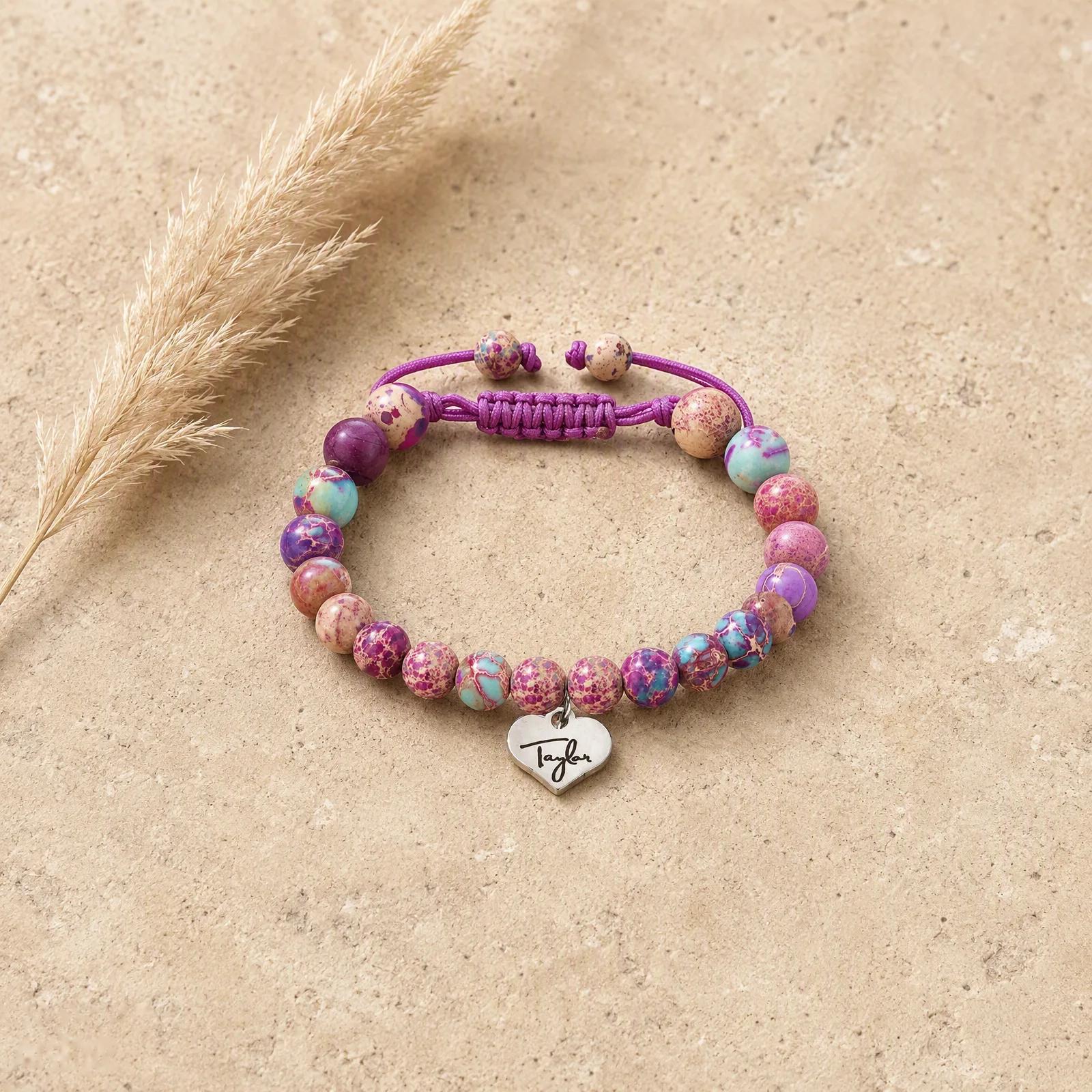 Emperor Stone & Green Aventurine & Pink Zebra Stone Beaded Bracelet — Braided Heart Charm view 1