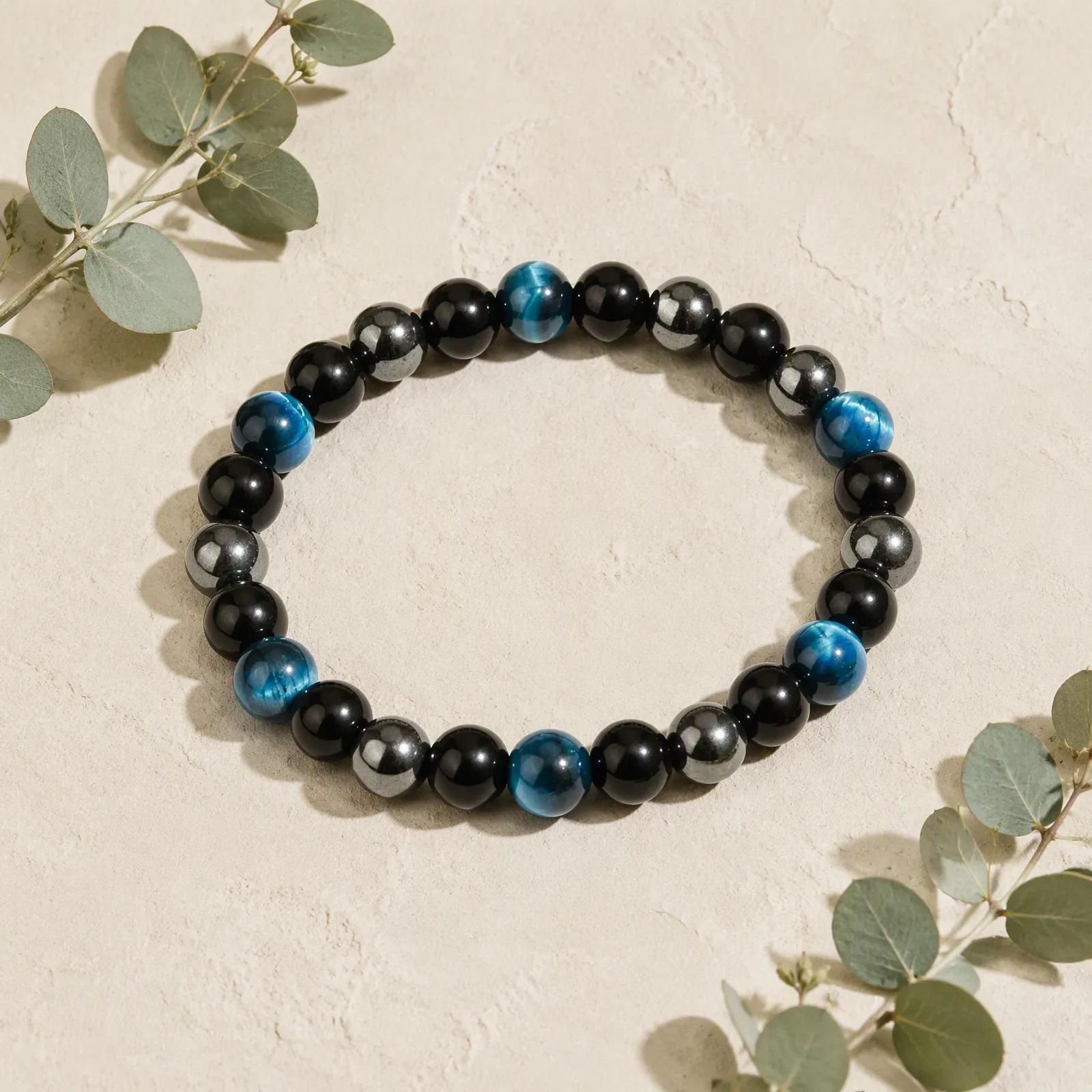 Tiger Eye & Obsidian & Hematite Beaded Bracelet — Triple Protection Protection view 1