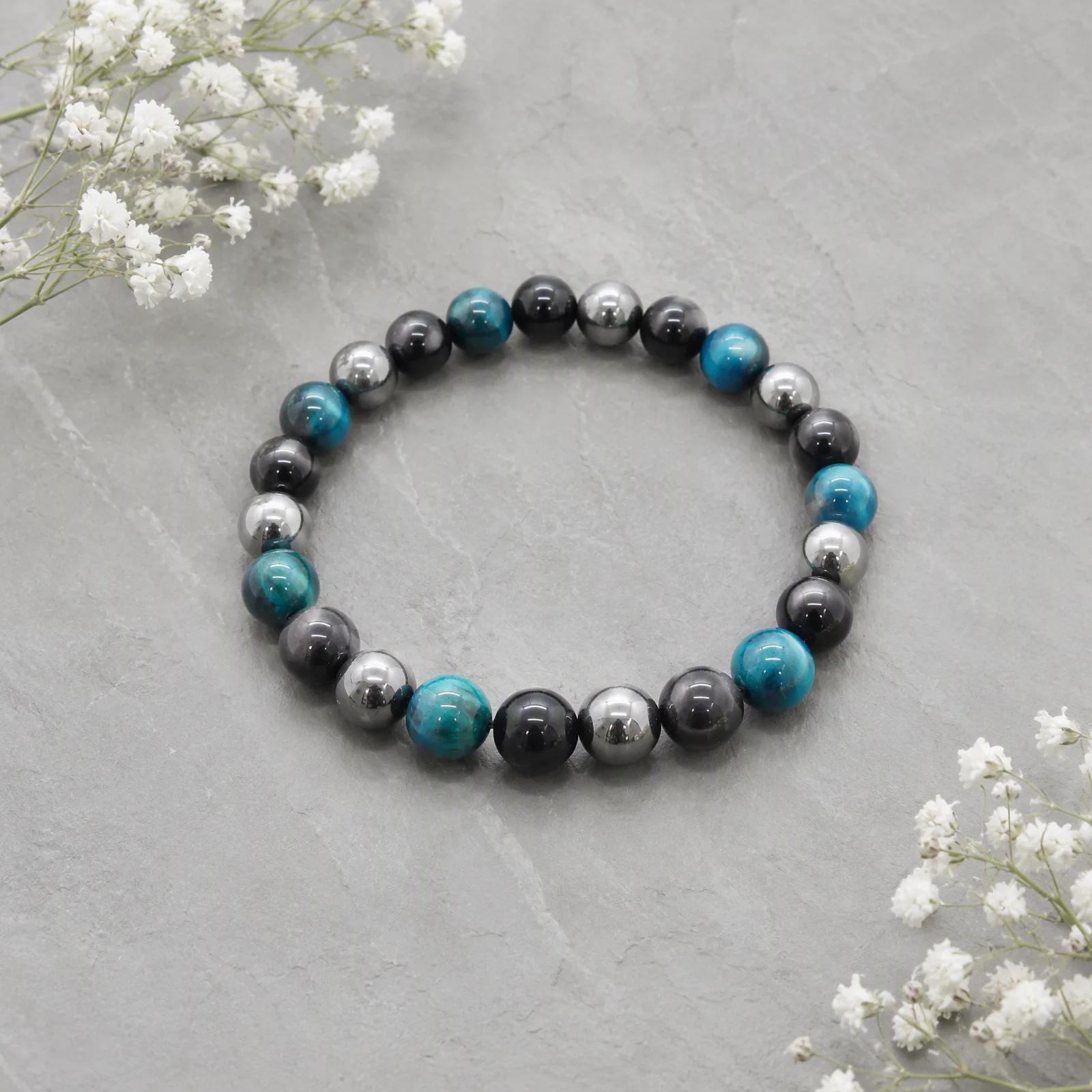 Tiger Eye & Obsidian & Hematite Beaded Bracelet — Triple Protection Protection view 4