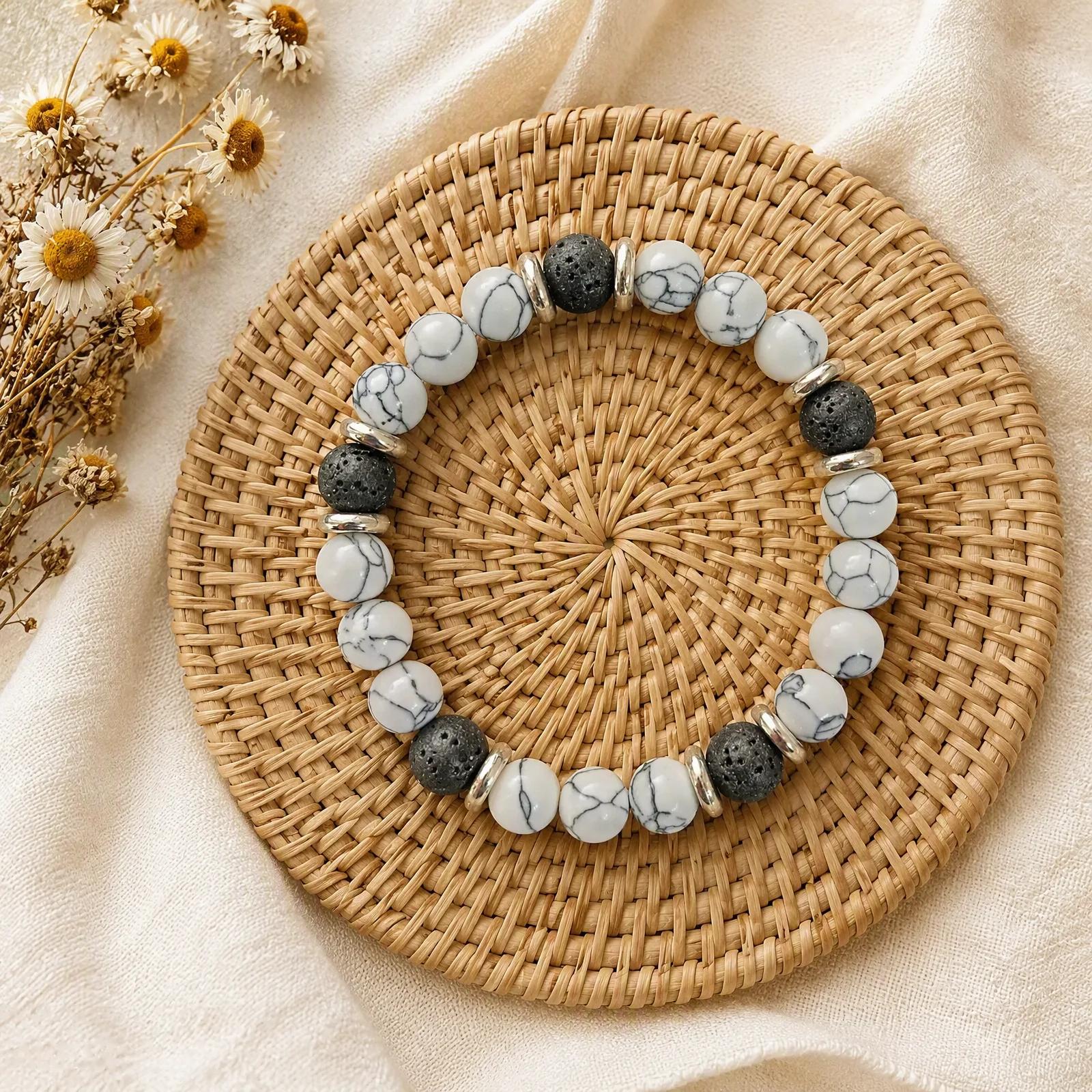 White Turquoise & Lava Stone Beaded Bracelet — Unisex view 1