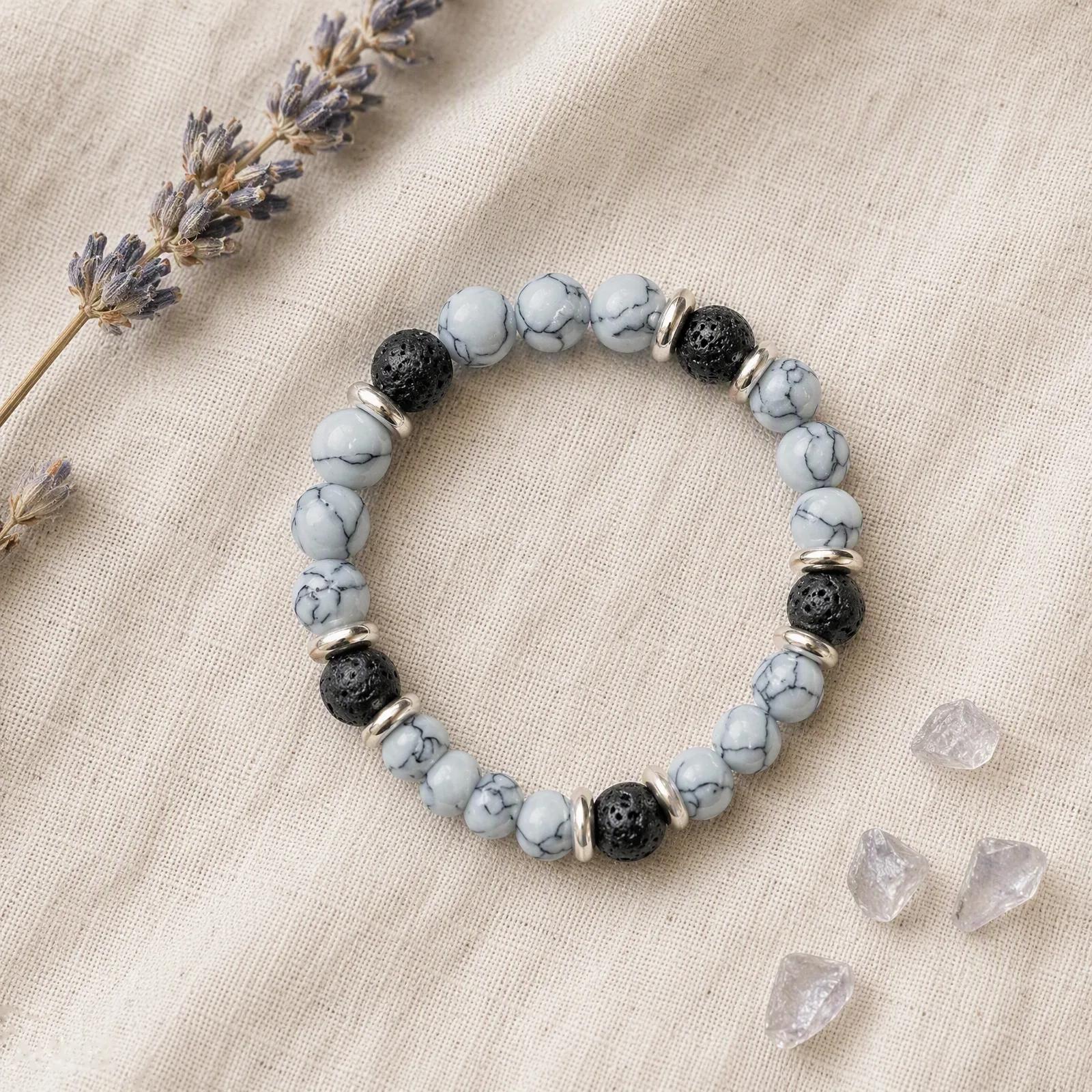 White Turquoise & Lava Stone Beaded Bracelet — Unisex view 2