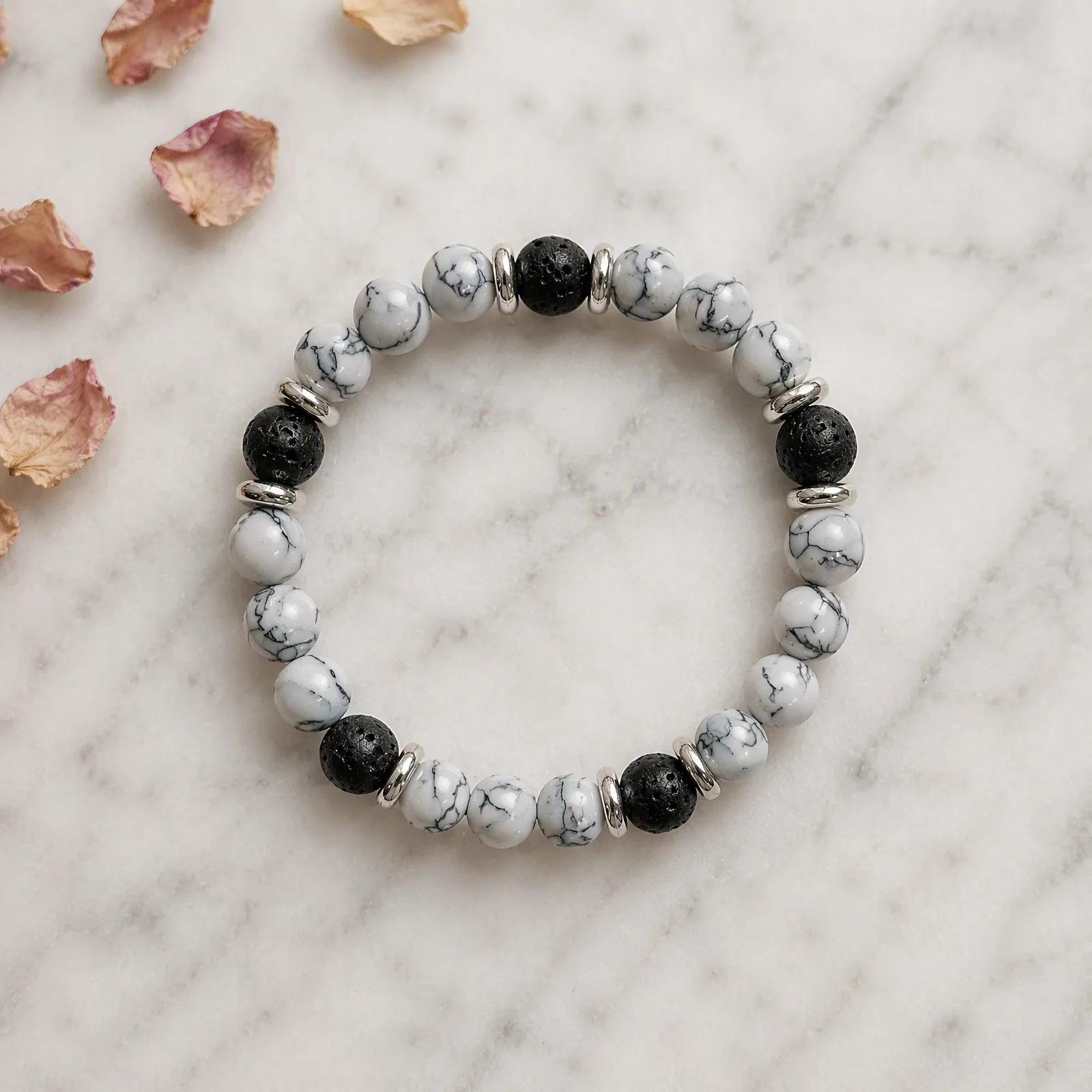 White Turquoise & Lava Stone Beaded Bracelet — Unisex view 3