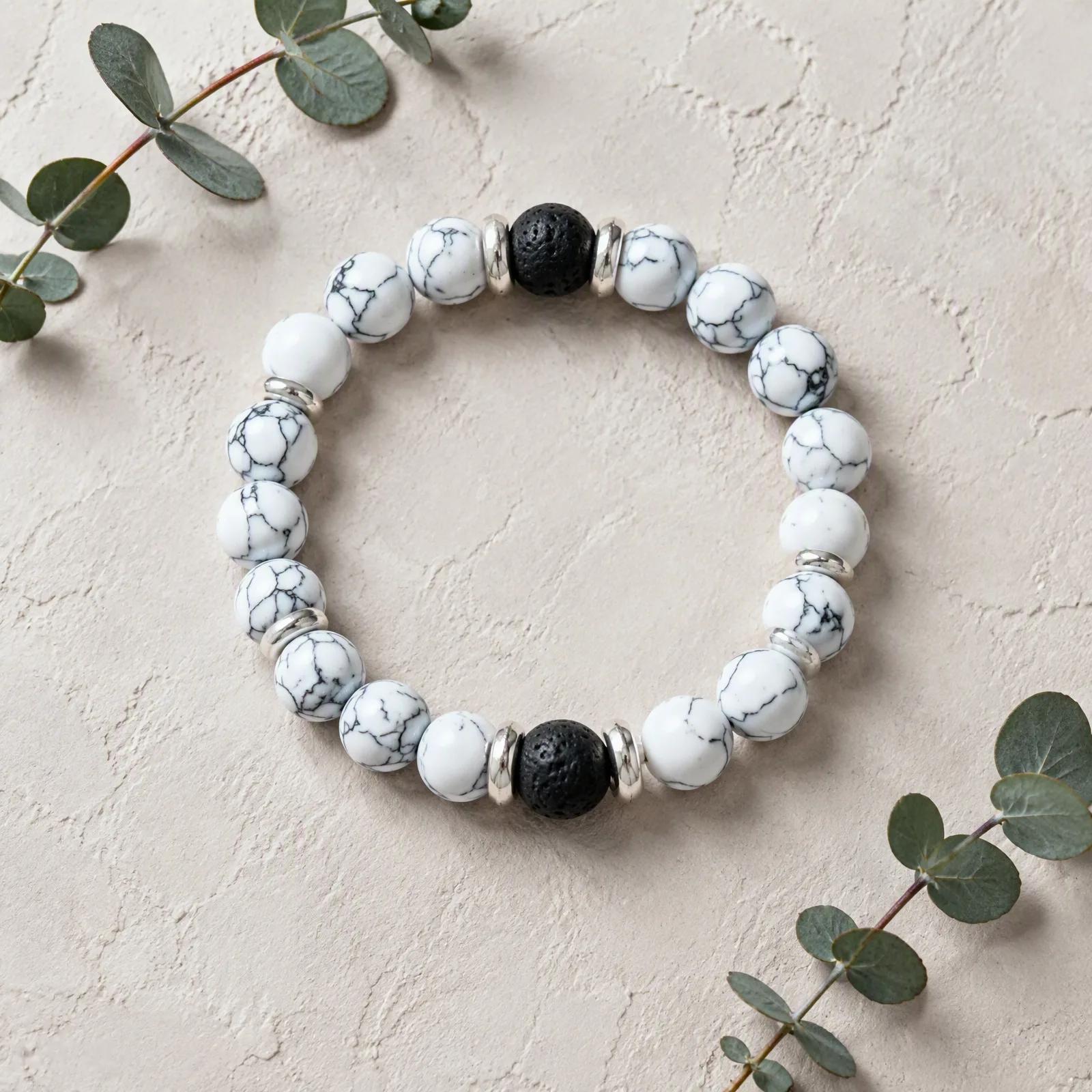 White Turquoise & Lava Stone Beaded Bracelet — Unisex view 4