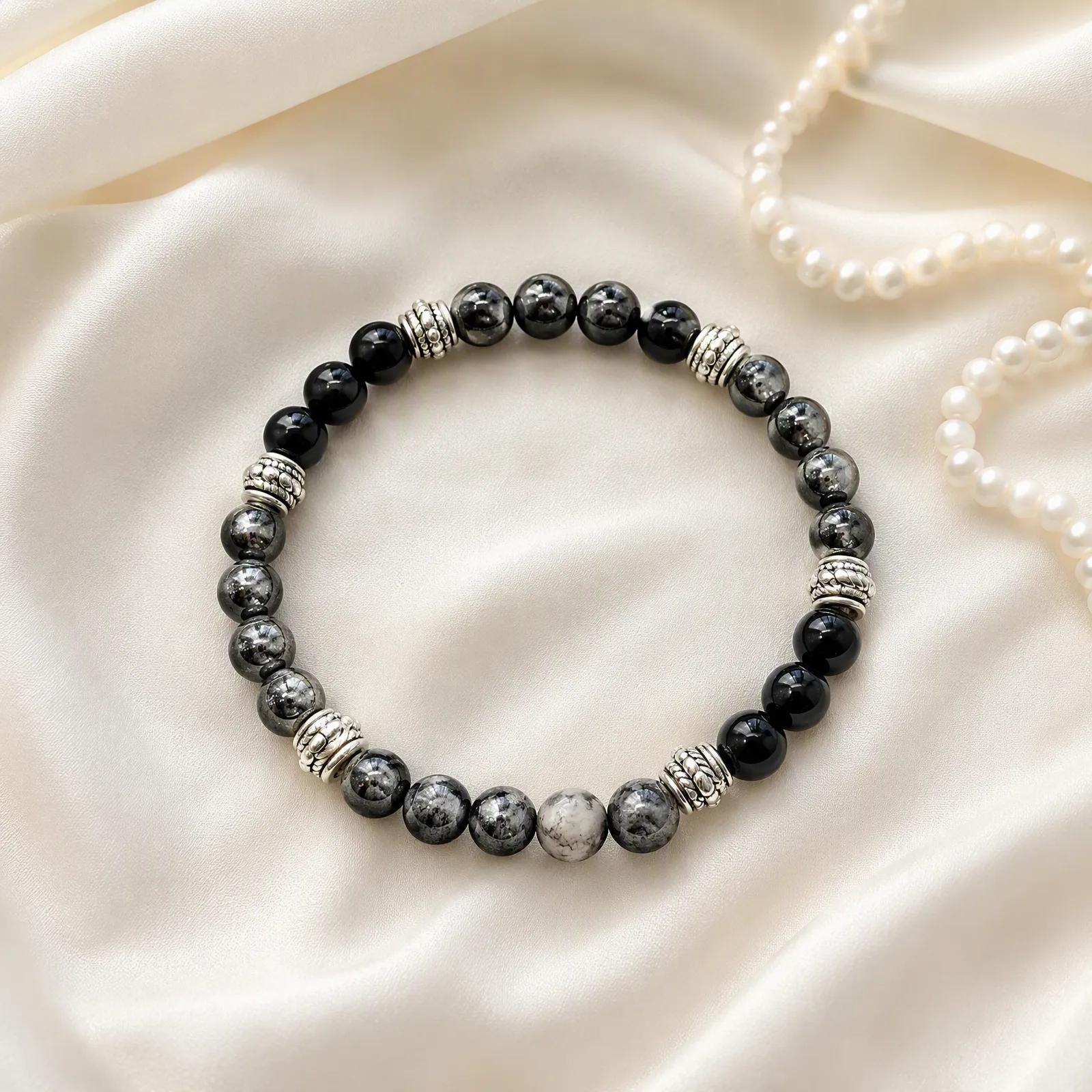 Obsidian & Snowflake Obsidian & Hematite Beaded Bracelet view 1