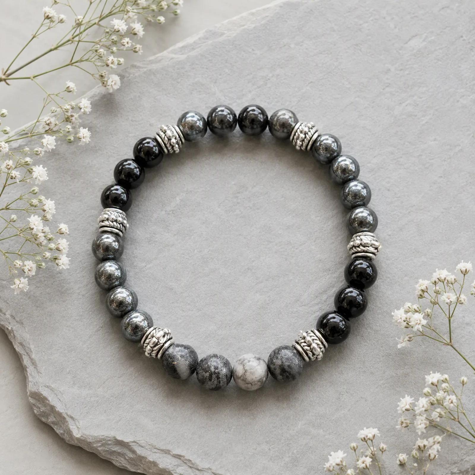 Obsidian & Snowflake Obsidian & Hematite Beaded Bracelet view 2