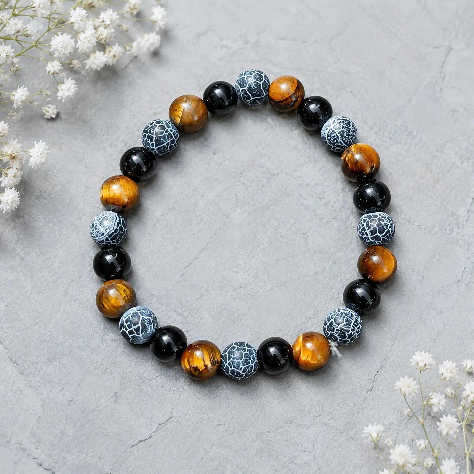 Tiger Eye & Obsidian & Web Agate Beaded Bracelet view 1