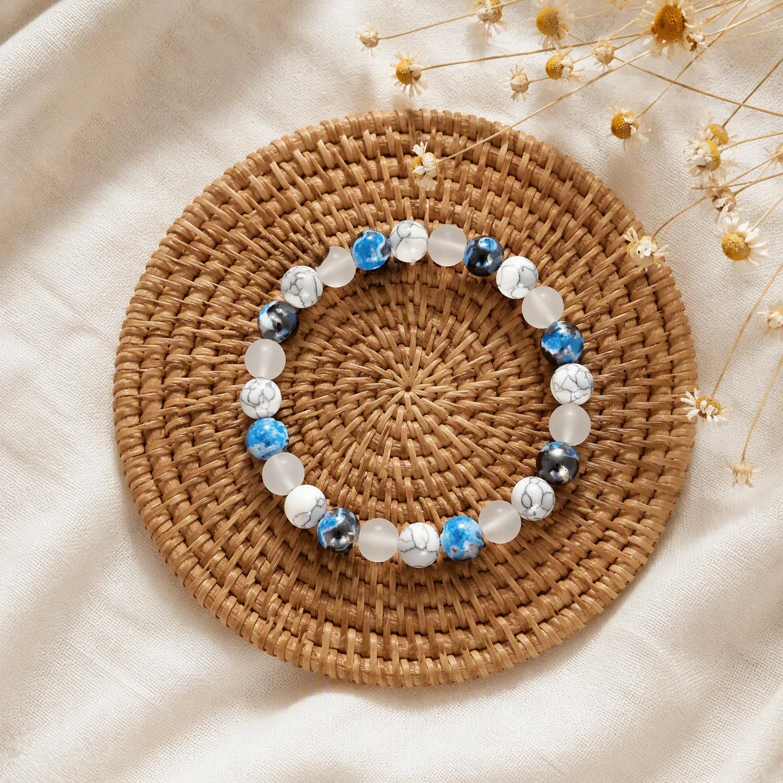 White Turquoise & White Marble & Blue Spot Agate Beaded Bracelet — Boho view 1