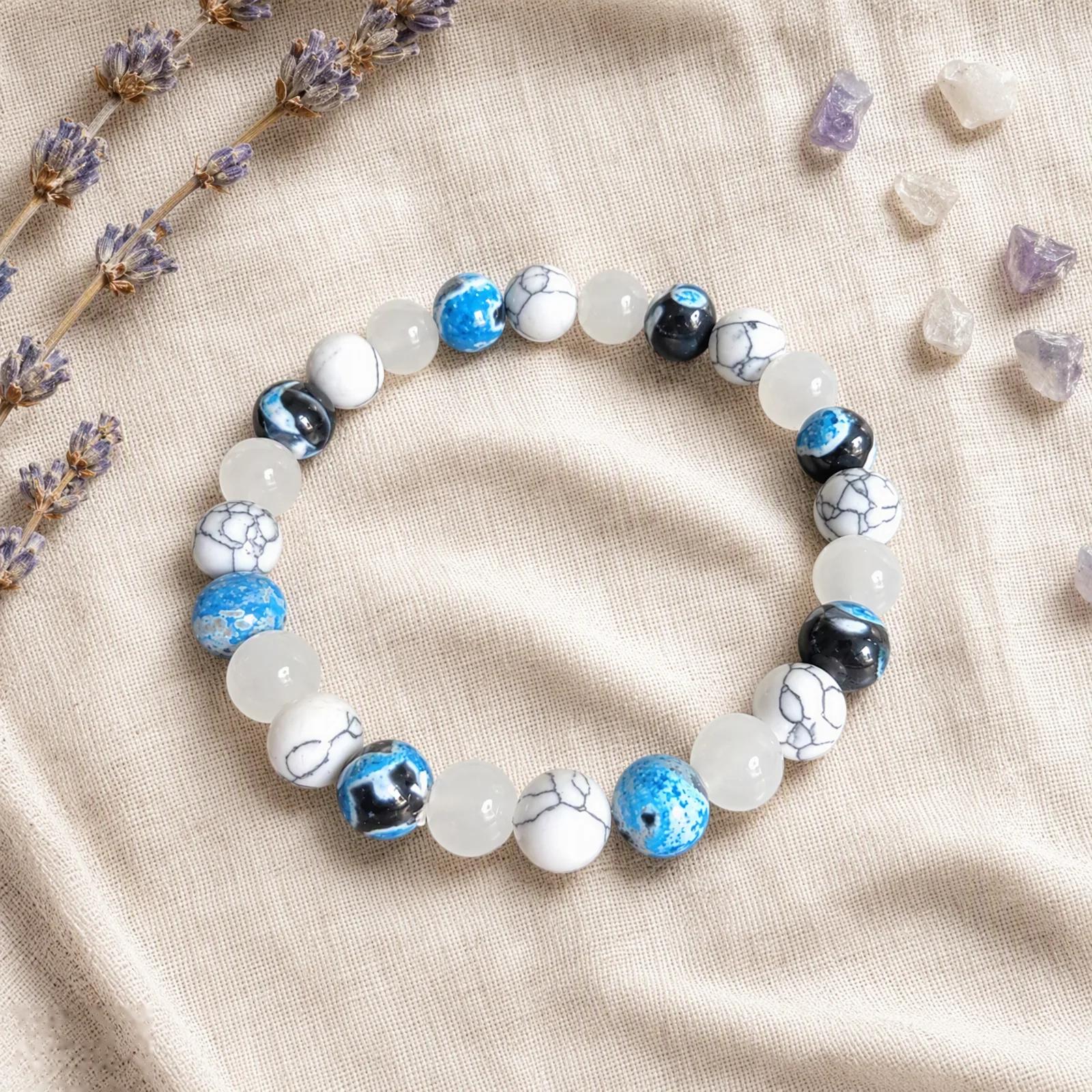 White Turquoise & White Marble & Blue Spot Agate Beaded Bracelet — Boho view 2