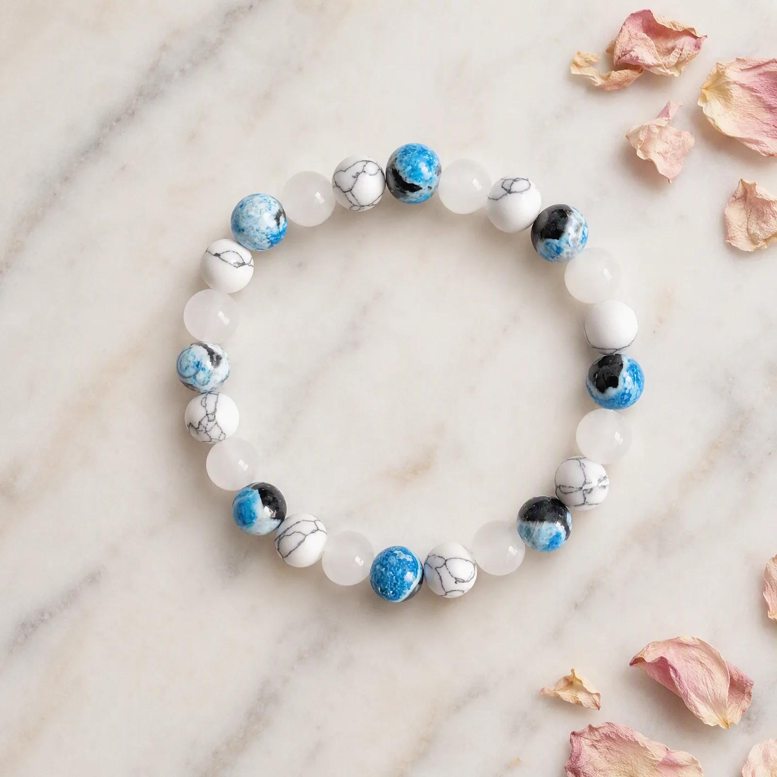 White Turquoise & White Marble & Blue Spot Agate Beaded Bracelet — Boho view 3