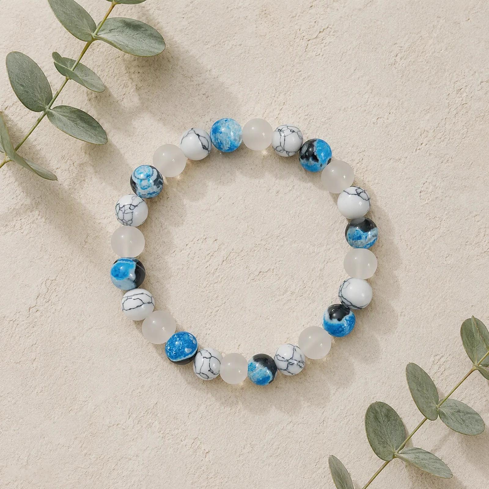 White Turquoise & White Marble & Blue Spot Agate Beaded Bracelet — Boho view 4