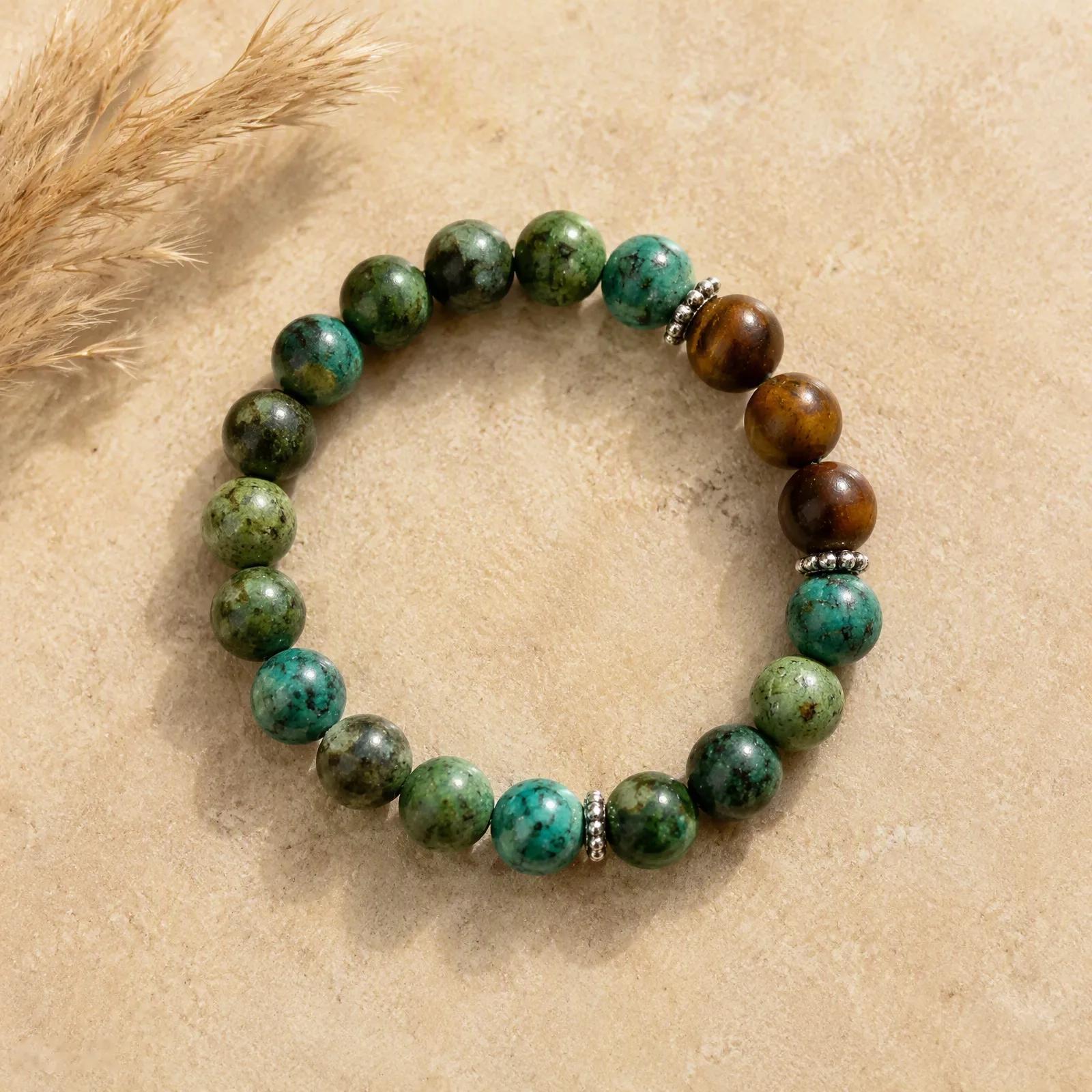 Tiger Eye & Turquoise Beaded Bracelet — Stretch view 2