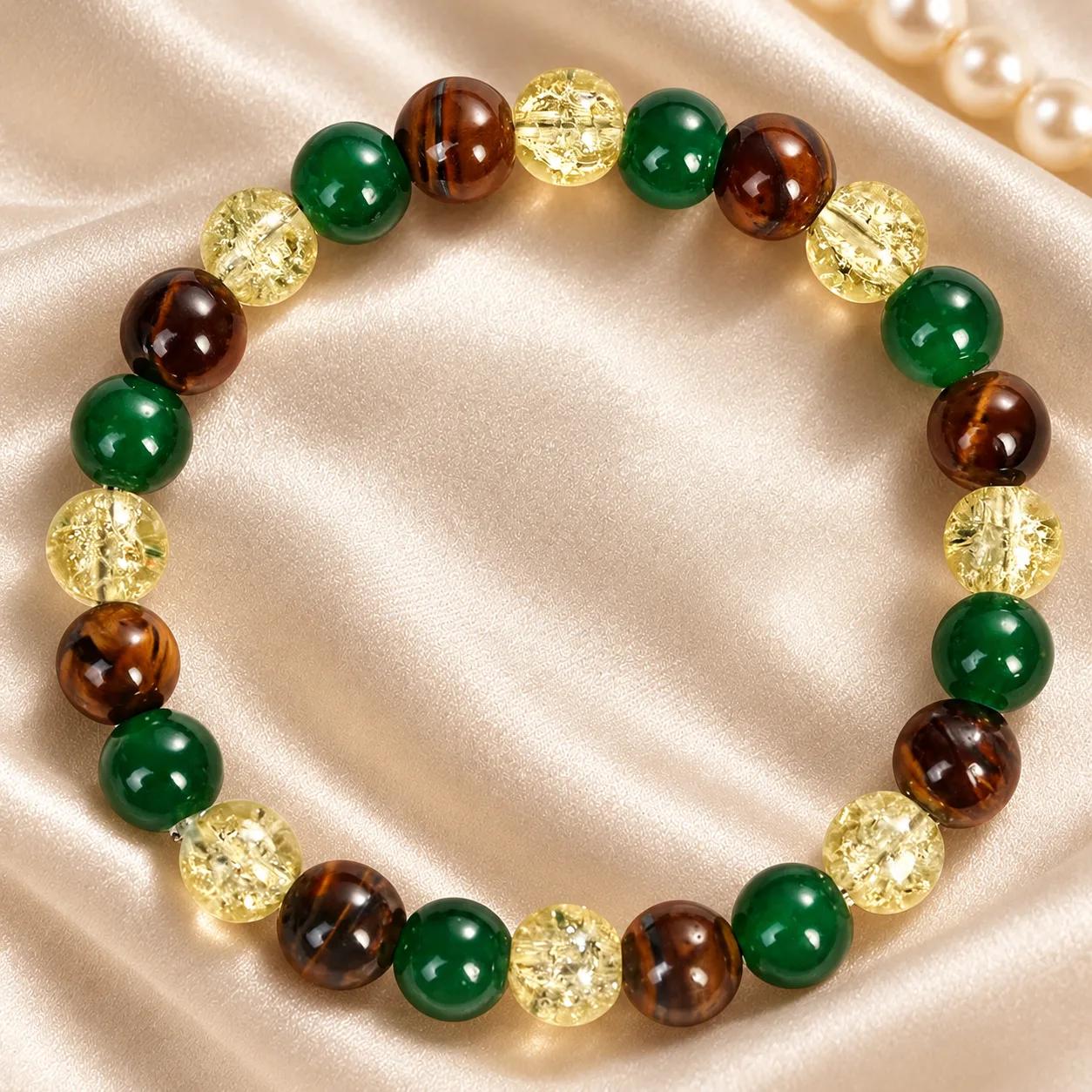 Tiger Eye & Clear Quartz & Green Aventurine Beaded Bracelet view 1