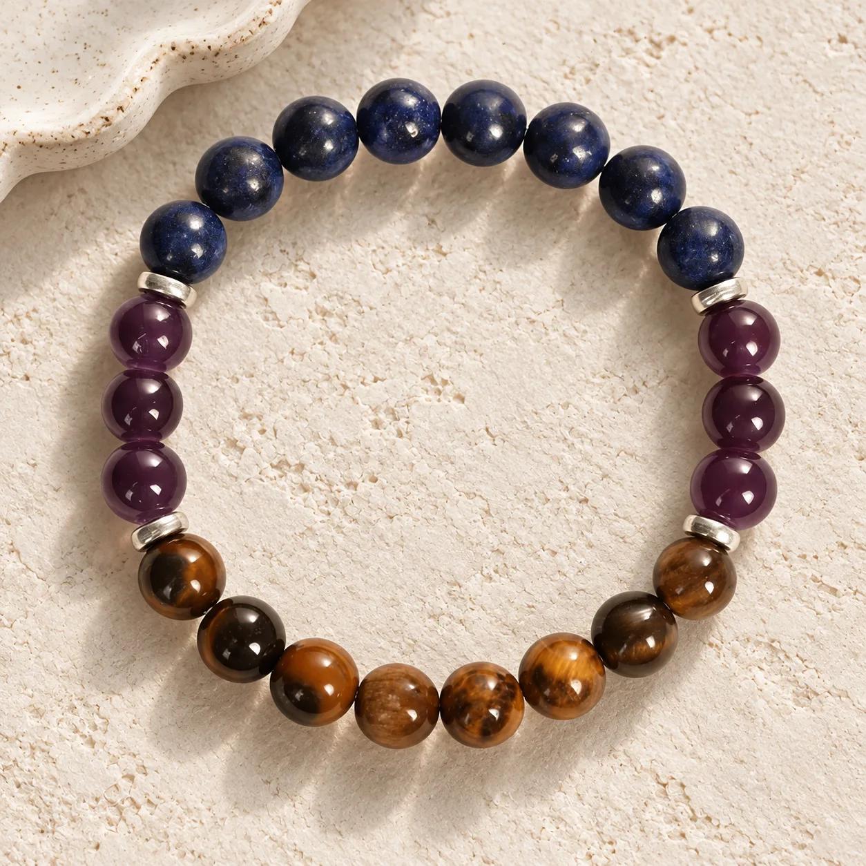 Lapis Lazuli & Amethyst Beaded Bracelet — Unisex Anxiety Relief view 1