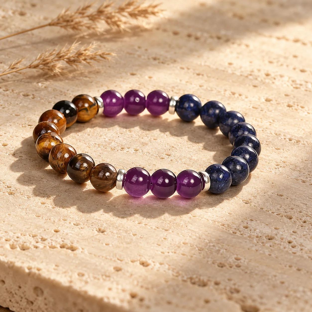 Lapis Lazuli & Amethyst Beaded Bracelet — Unisex Anxiety Relief view 2