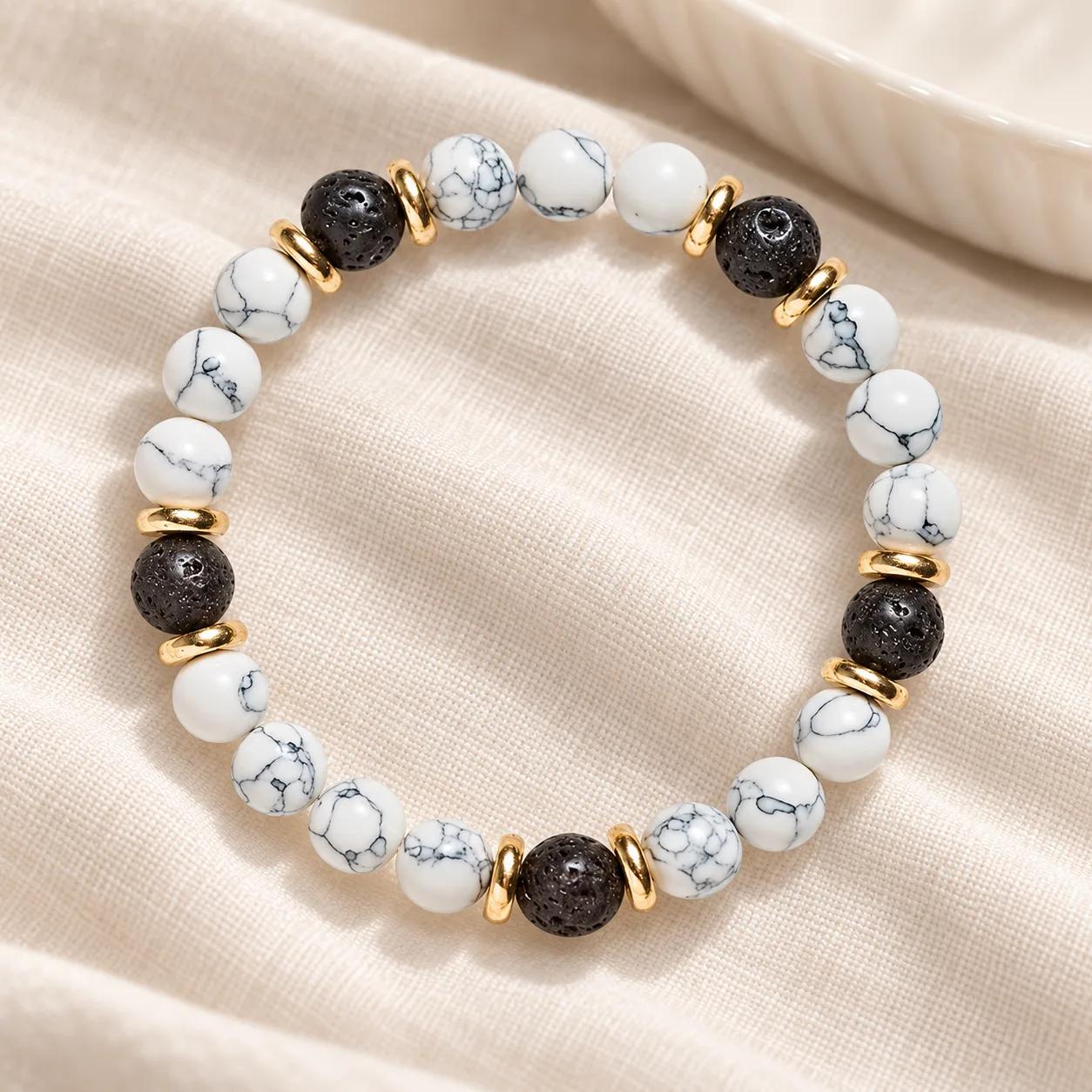 White Turquoise & Lava Stone Beaded Bracelet — Unisex view 2